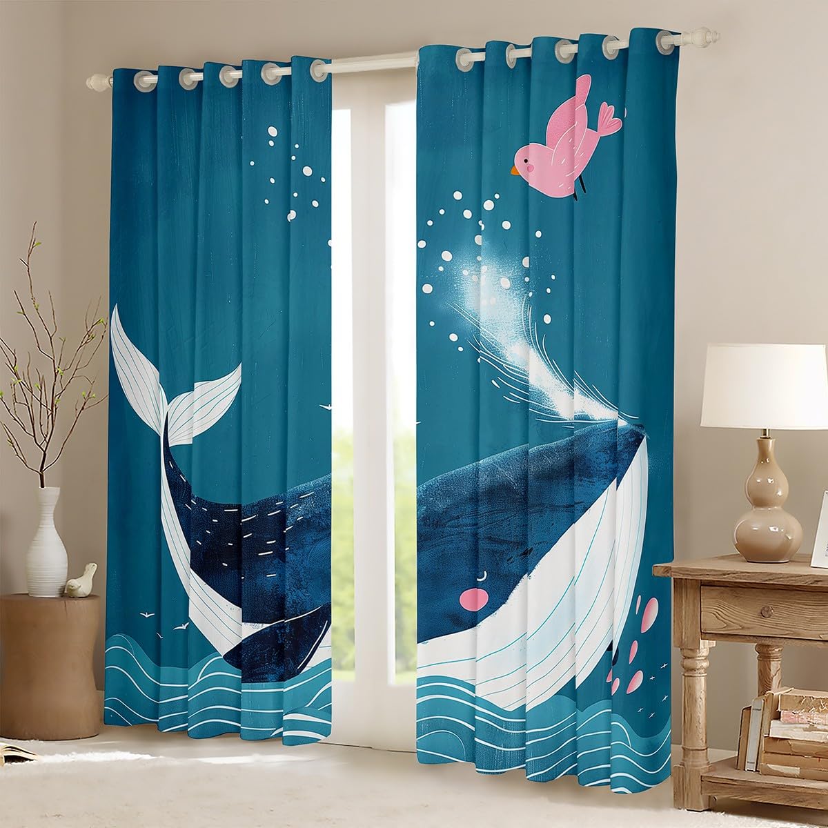 Erosebridal Blue Sea Whale Curtains for Boys Girls Kids,Cartoon Ocean Animal Toddler Curtains Blackout Nautical Bedroom Decor,Ocean Waves Curtains Coastal Beach Window Curtains 2 Panels 52