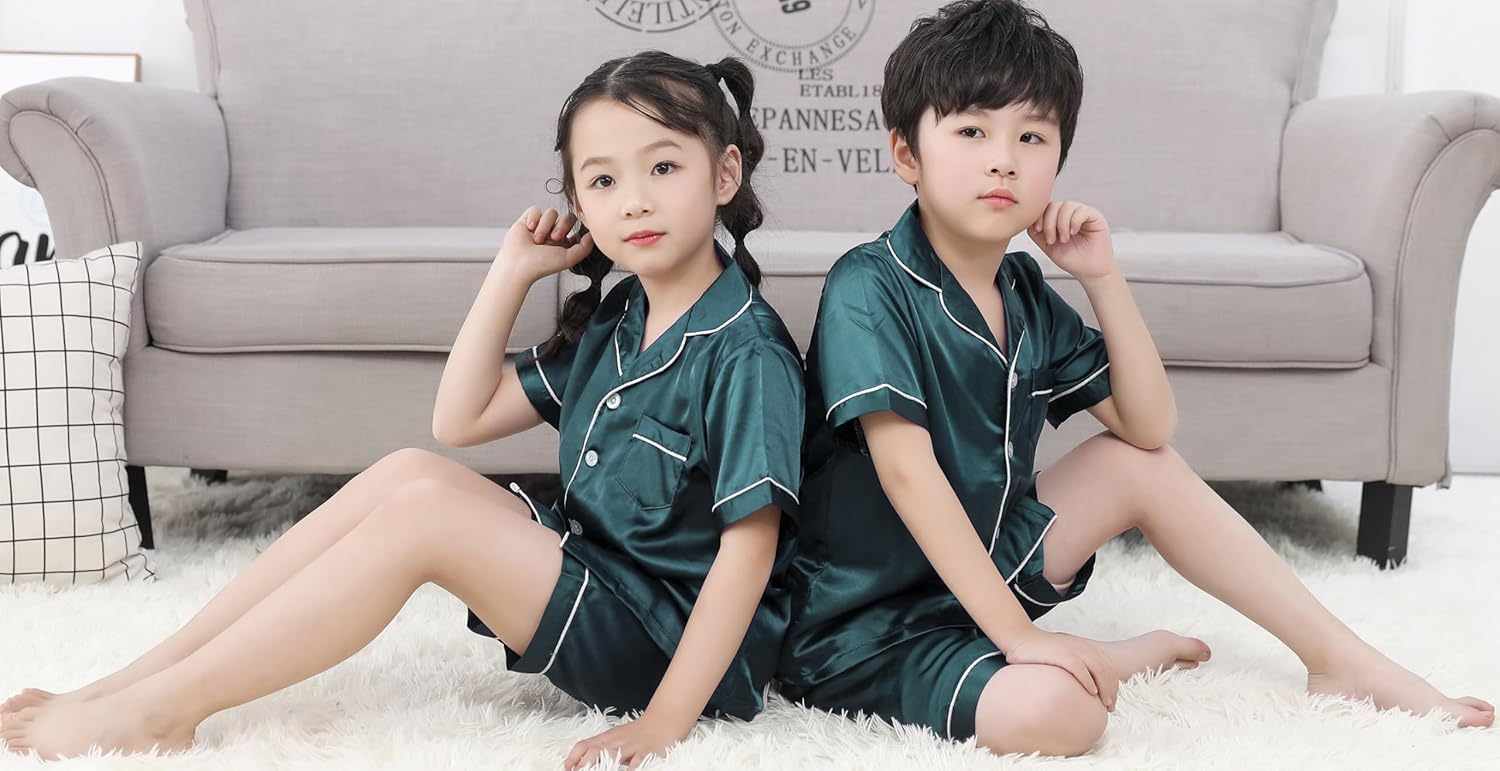 Pajama Set for Kid Boy Girl Button-up Silk Pajama Sleepwear Nightwear Loungewear Set Gifts Short Sleeve Loungewear - Image 5