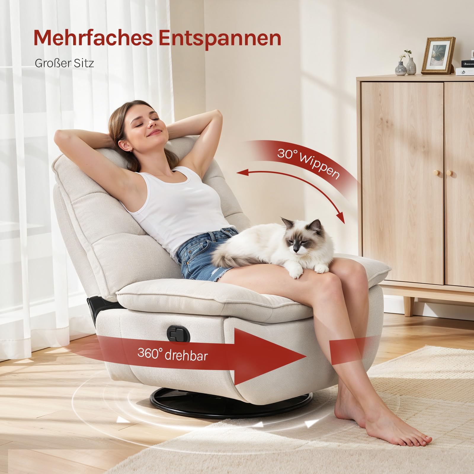 WOLTU Relaxsessel mit Liegefunktion, 95 cm breite Sitzfläche, Beige | drehbarer Fernsehsessel, mit klappbarer Fußstütze, Seitenfach, bis 150 kg, für Wohnzimmer Schlafzimmer Arbeitszimmer