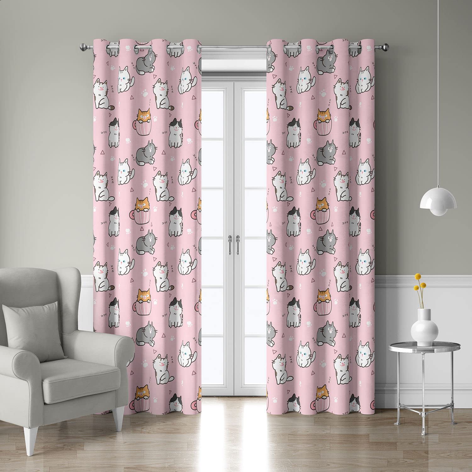 HOSIMA Curtains Blackout Eyelet for Boys and Girls Soft Breathable Pink Cats Print Curtains 2-piece Set Suitable for Young People's Bedroom Living Room Decoration(Pink Cats,168x183) - Image 2