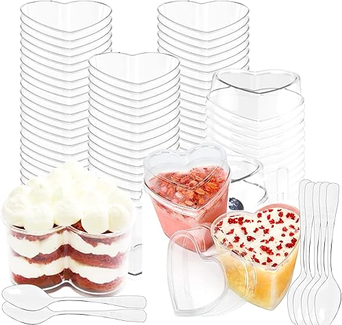 50 tazas de postre de plástico en forma de corazón con tapas y cucharas, tazas de parfait transparente de 5 onzas para el día de San Valentín,