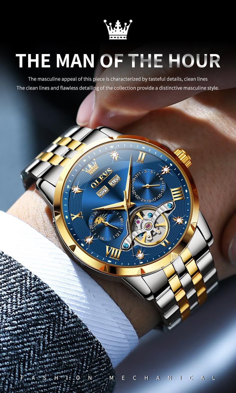 OLEVS Mens Automatic Watch Luxury Dress Diamond Self Winding Skeleton Tourbillion Stainless Steel Original Watches for Men - Image 3