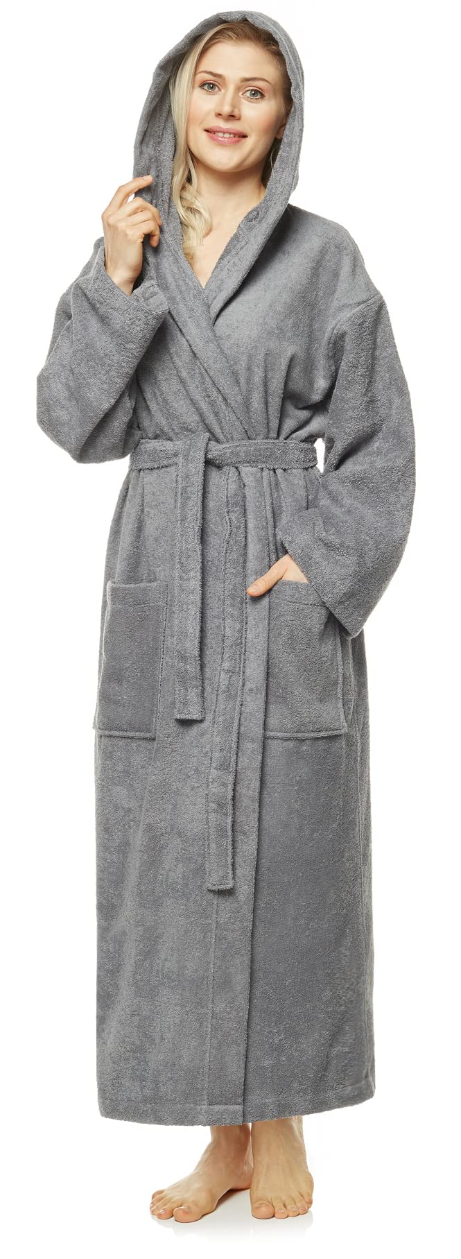 Arus Women's Grey `S Bathrobe With Hood, Calf Length, 100% Cotton Terry Towelling, Xl-Xxl