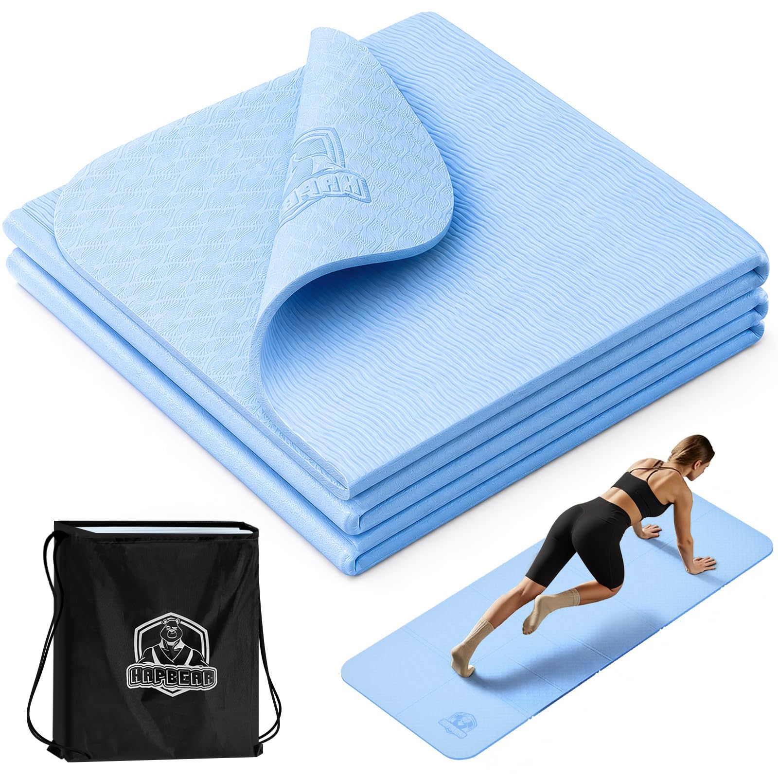 HAPBEAR Foldable Yoga Mat - 183×61cm×6mm, Non-Slip TPE Exercise Mat for Home Workout, Yoga, Pilates,Stretching, & Travel, Durable & Eco-Friendly, Includes Carry Bag