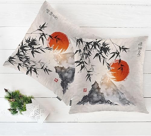 Miniatura 5 de Swono Fundas de almohada para exteriores, bambú, árboles de bambú japoneses, montañas, pintura de sol rojo, para el hogar, funda de cojín decorativa