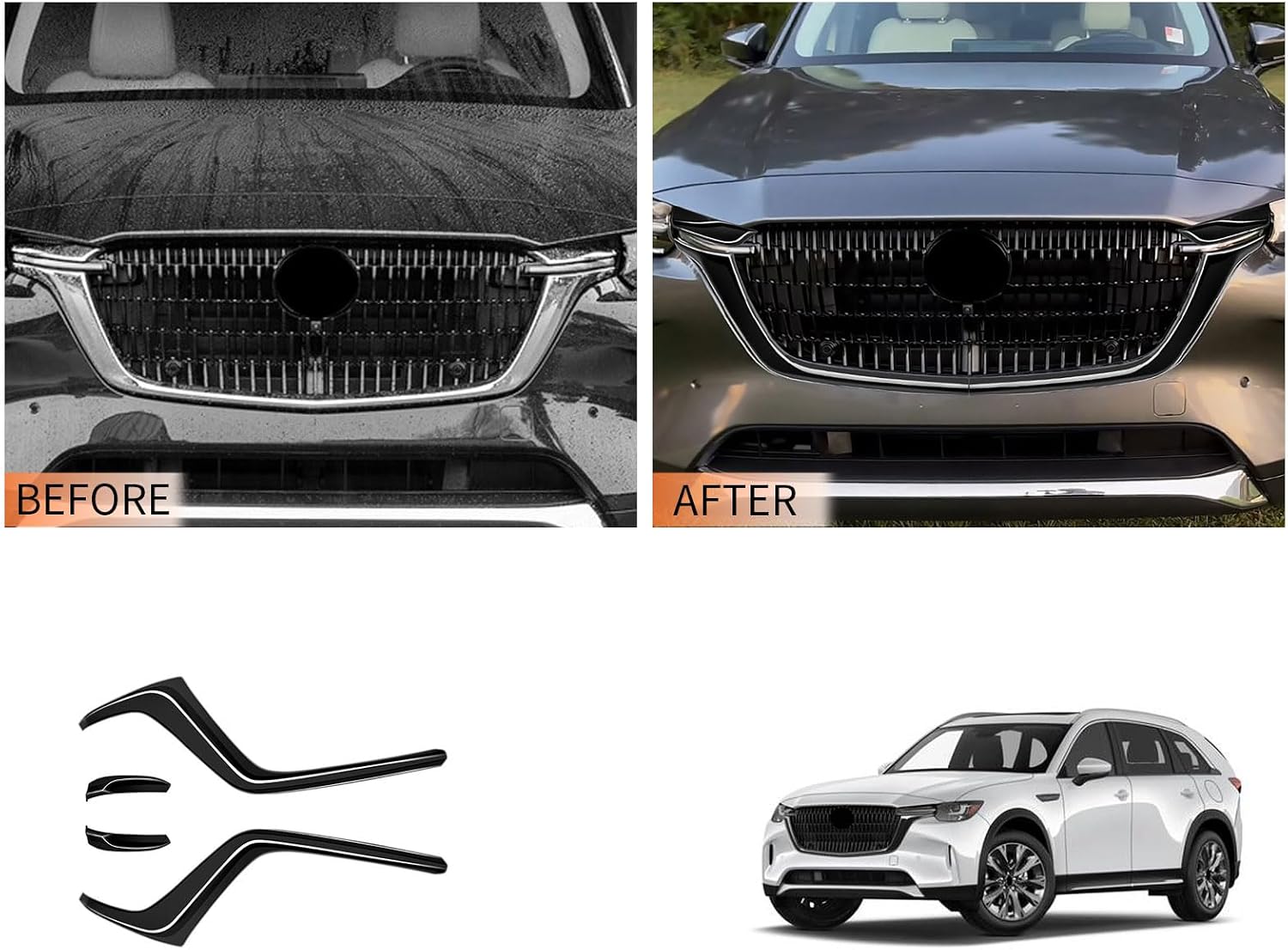 Front Grille Trim Compatible with Mazda CX-90 2024-2026, ABS Grille Edge Decorative Molding Cover, Easy Installation No Tools Needed, 4PCS, Glossy Black