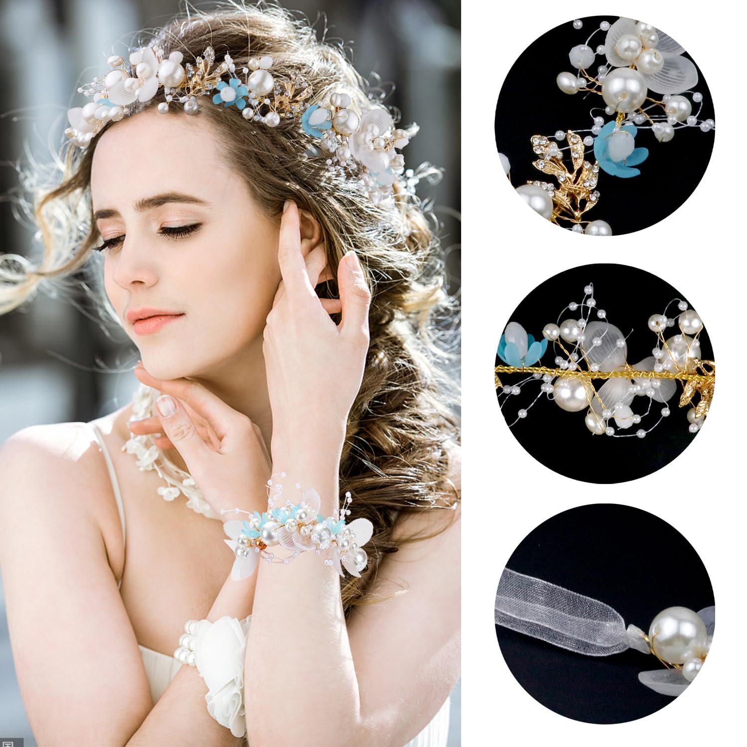 Flower and Crystal Pearl Bridal Crown / Floral Wedding Hair Floral Bridal Crown – Pearl and Crystal Wedding Headband  main image 4