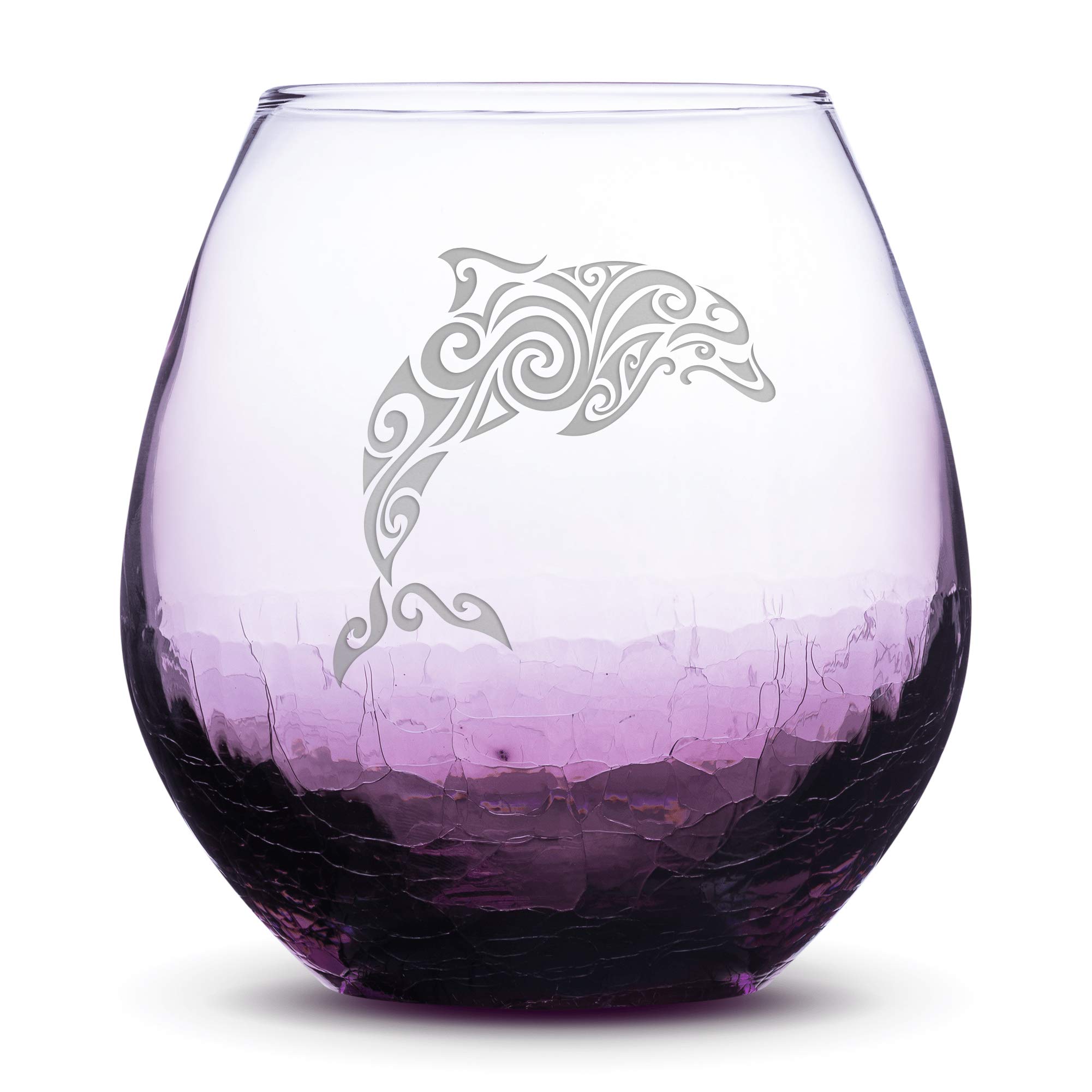 Integrity Bottles Tribal Dolphin Design Stemless Wine Glass, Handmade, Handblown, Hand Etched Gifts, Sand Carved, 18oz (Crackle Purple)