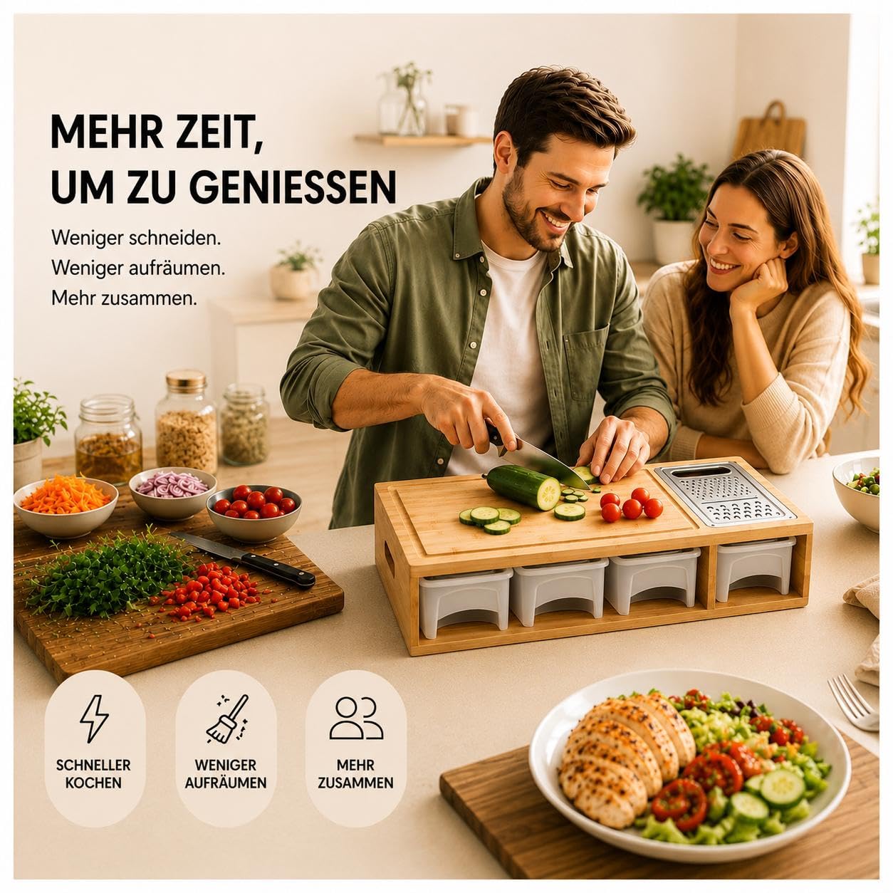 Planche à découper en bambou avec bac de récupération et 4 récipients - Coupe-légumes avec râpe/mandoline - Grande planche de cuisine antidérapante pour légumes, fruits et viandes
