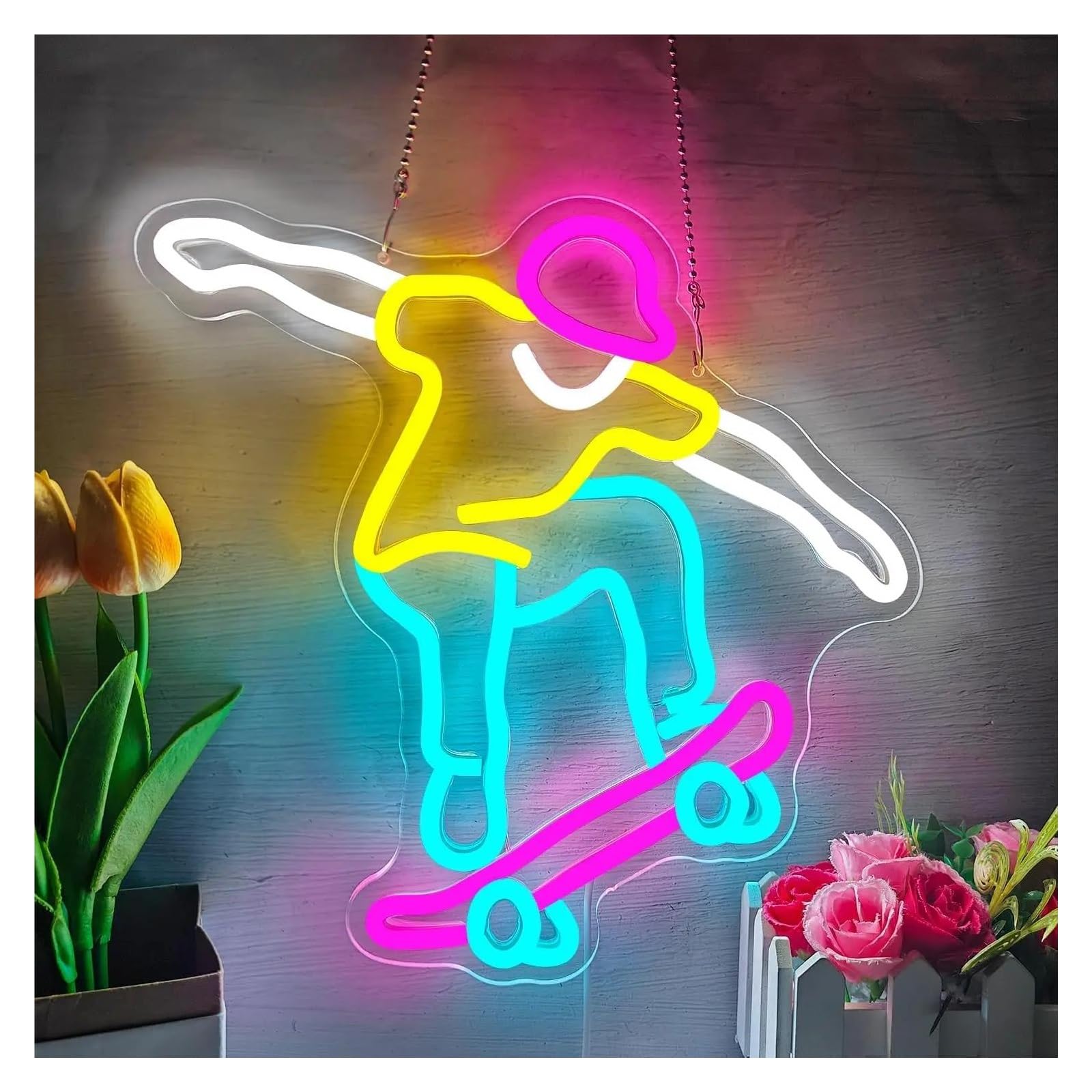 LEMST Sign Lamp Skateboarder Neon Sign Cool Guy Doing Ollie LED Light Dimmable for Skateboard Sports Club Party Gaming Room Bedroom Decor 31.6cmx33.3cm/12.44inx13.11in