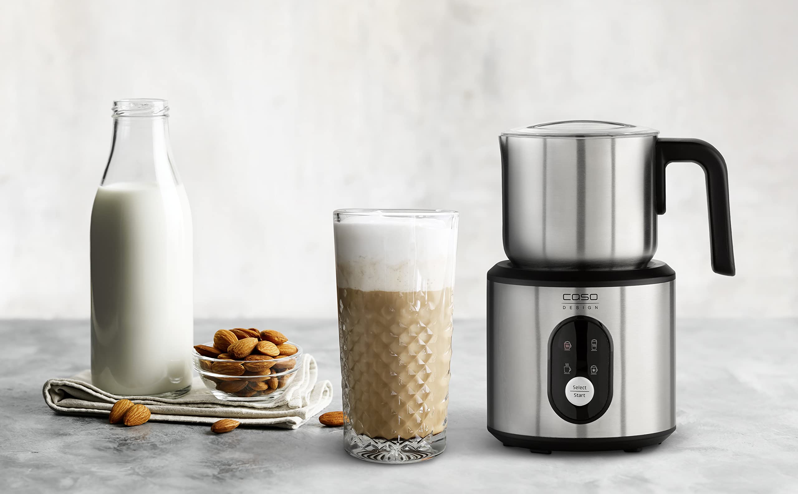 CASO Crema & Choco Inox, Montalatte per latte vaccino e latte vegetale, Schiuma di latte fredda, Contenitore in acciaio inox di alta qualità con manico isolante termico
