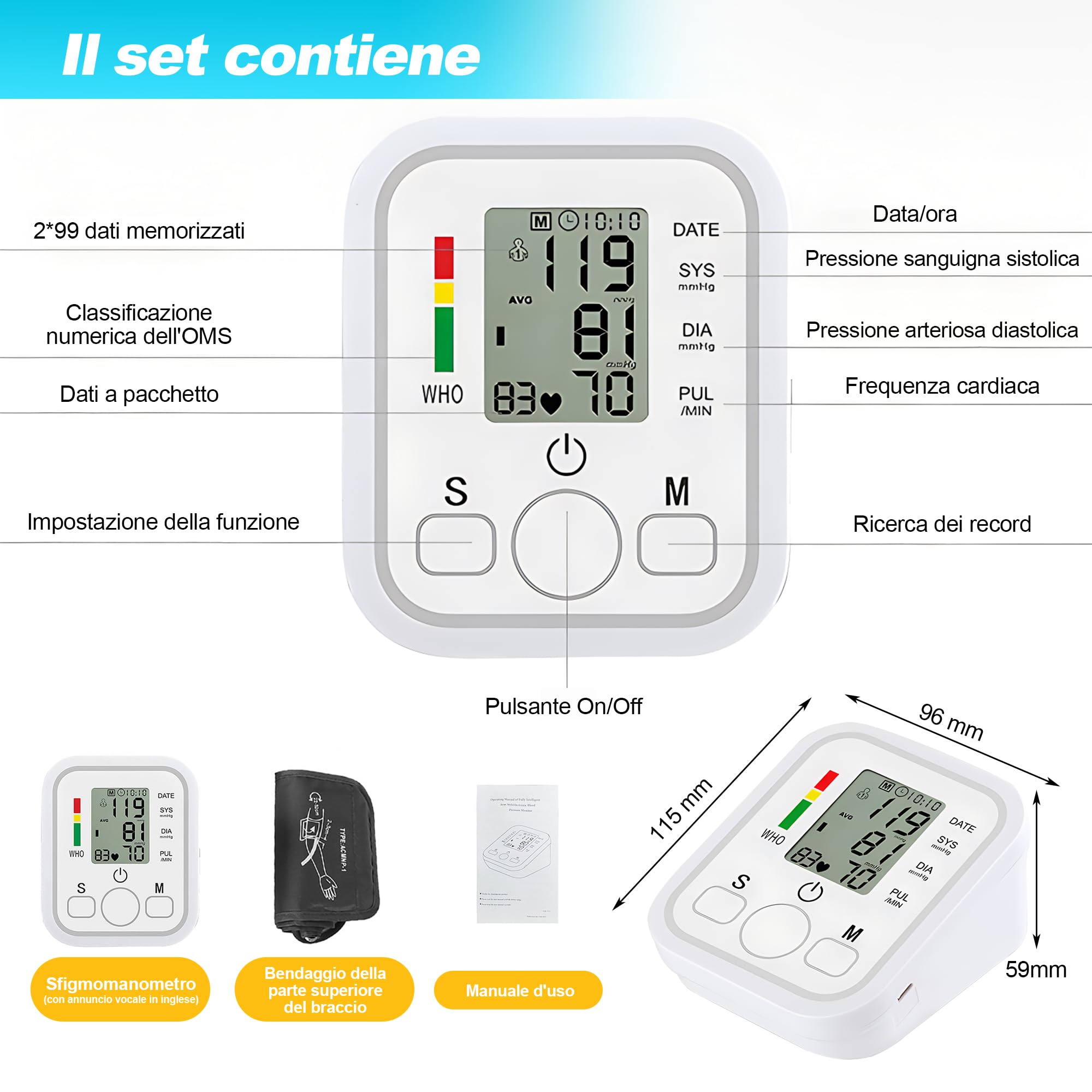 Misuratore Pressione da Braccio,Misuratore Pressione LCD Digitale Automatico di Pressione Sanguigna del Polso del Monitor di Battimento di Cuore Frequenza di Polso del Braccio Meter Pulsometro