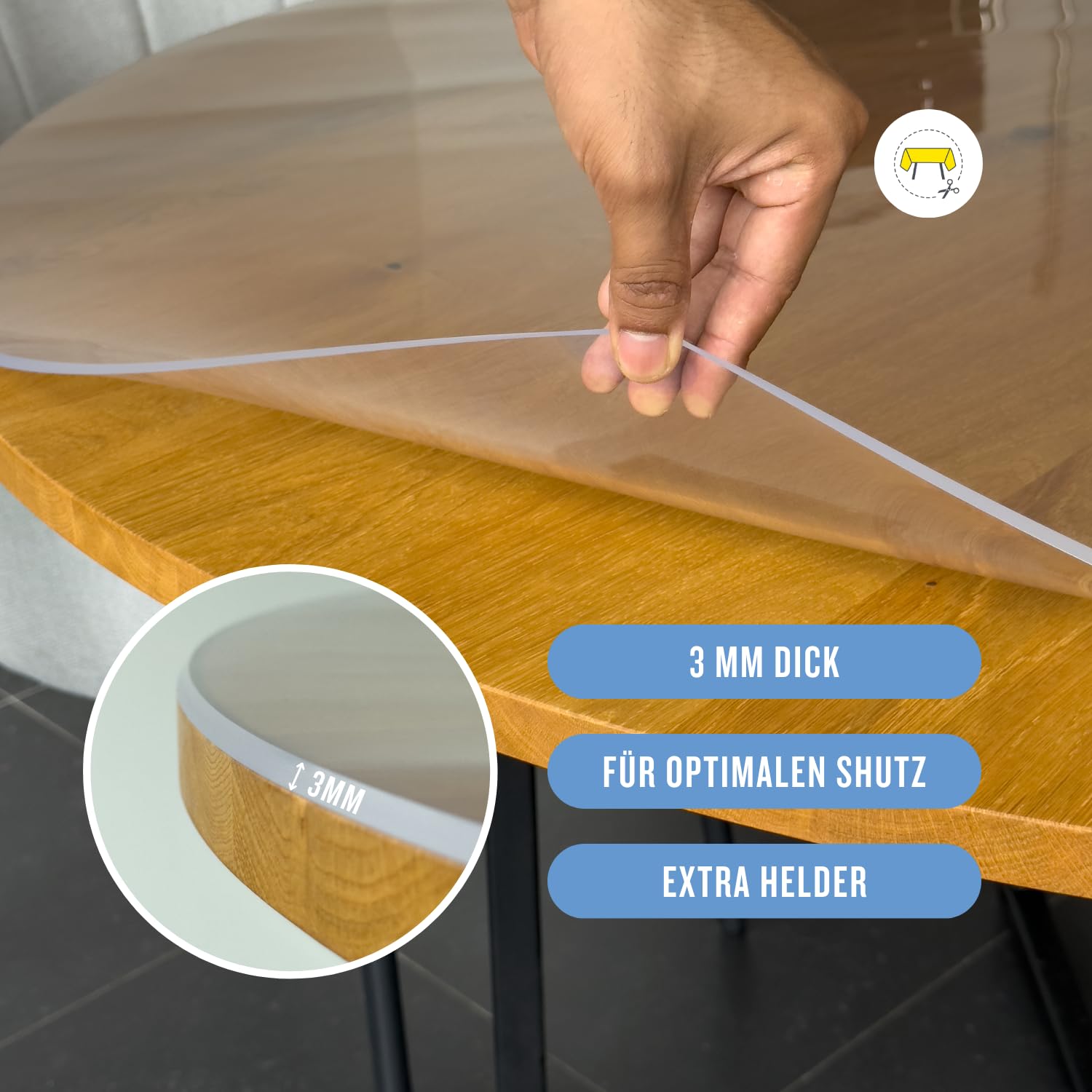 Trente Tischfolie Rund 120 cm Ø – 3mm Dick – Tischdecke Abwaschbar - Transparente Tischschutzfolie mit Abgeschrägten Kanten – Abwaschbare Schutzfolie – Runde Tischdecke Flexibel & Strapazierfähig