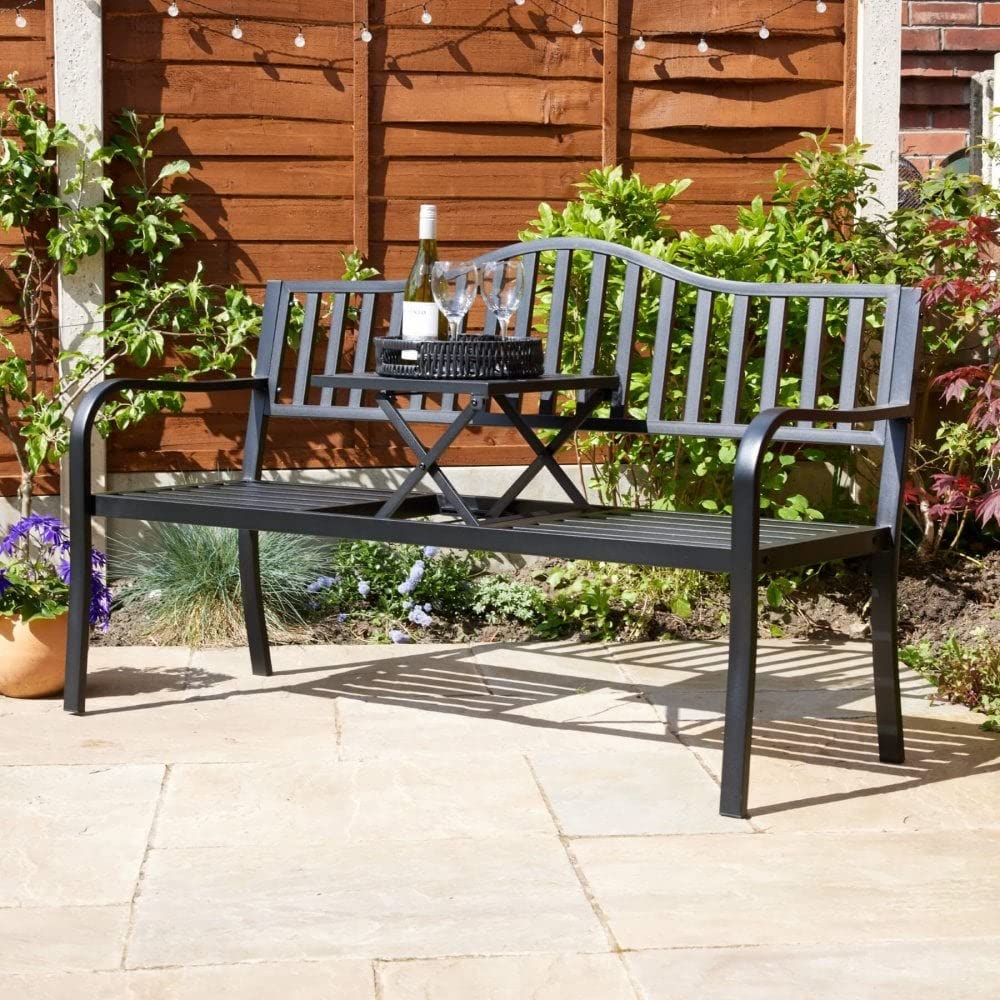 Home Source Valletta Garden Loveseat – Black Metal, Arched Back & Pop-Up Centre Table | 150W x 60D x 85H cm | Outdoor Patio Bench