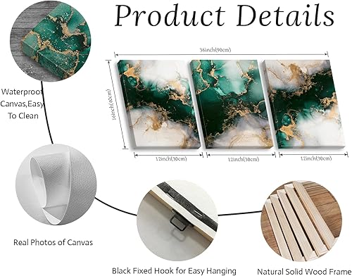 Miniatura 7 de JiazuGo Decoración de pared verde esmeralda, arte de pared abstracto de mármol verde y dorado para decoración de sala de estar, pintura abstracta