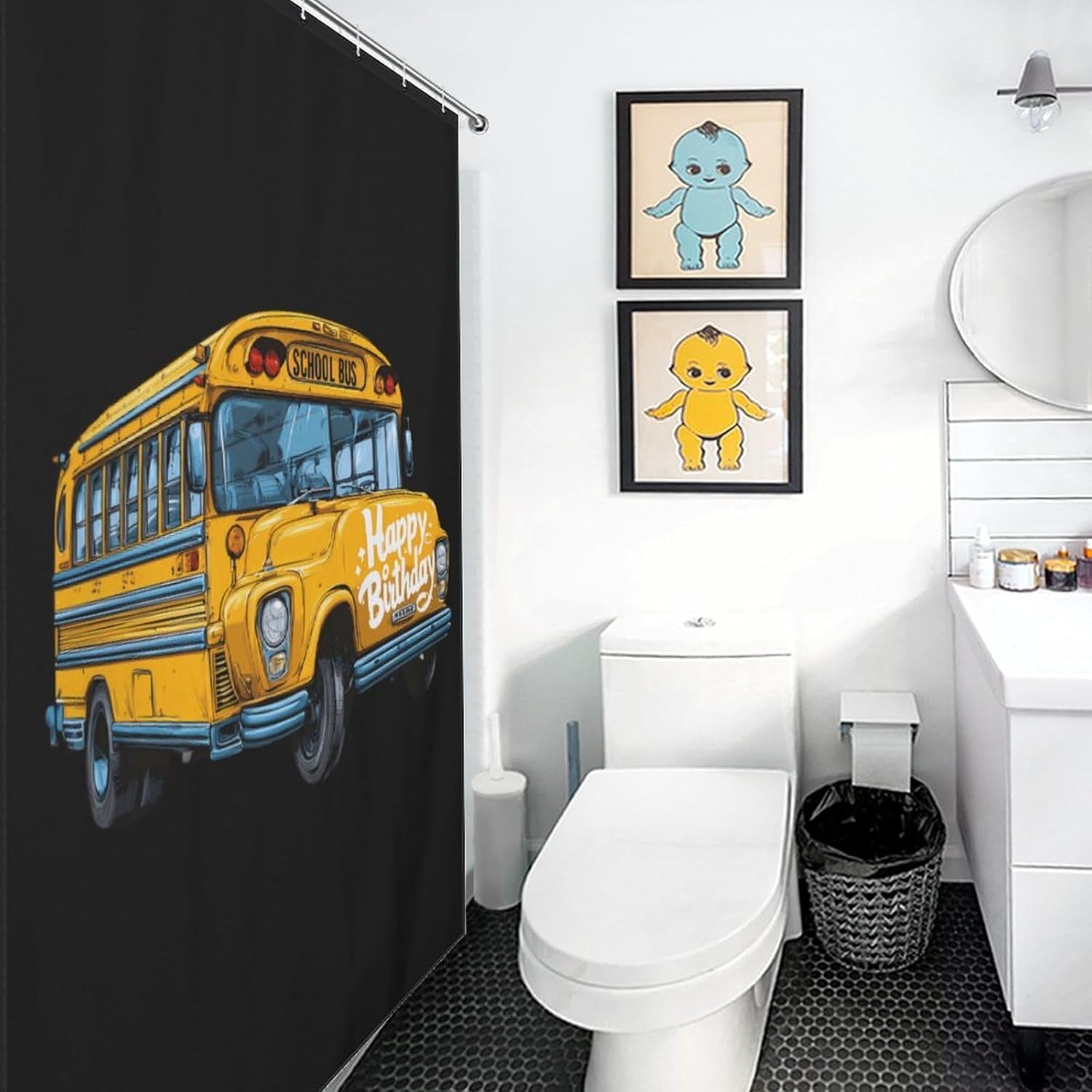 School Bus Happy Birthday Shower Curtain 46.85x70.87Inch（119x180cm） Polyester Bath Curtain Shower Curtains Printed Decorative