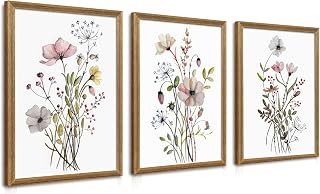WRFON Framed Botanical Canvas Wall Art Set of 3, Watercolor Floral Prints 12x16 Inch, Flower Wall Decor for Bedroom Living Room Bathroom