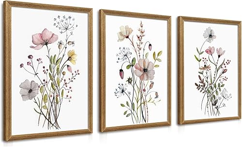 Miniatura 9 de WRFON Juego de 3 lienzos de flores silvestres para pared, impresiones florales botánicas sin marco, lienzo de flores de prado para sala de estar,