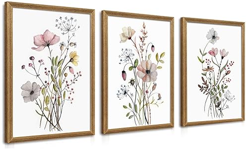 WRFON Framed Botanical Canvas Wall Art Set of 3, Watercolor