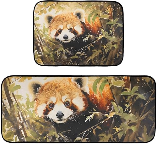Kitchen Mats for Floor 2 Piece Set Kawaii Red Panda Print, Anti Skid Cushioned Water Absorbent Kitchen Rugs Door Mat Floor Mats for Kitchen Sink