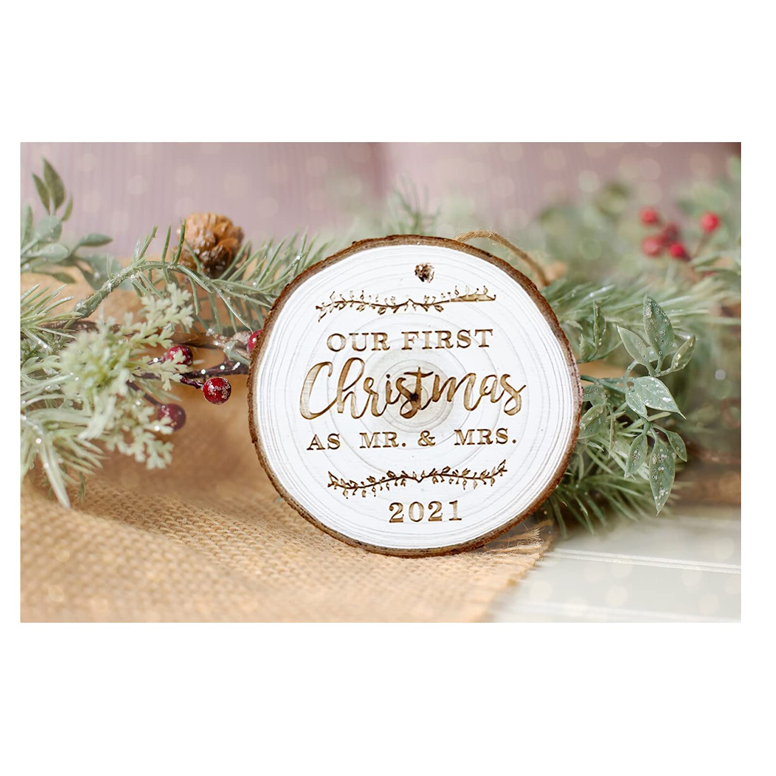 2 PCS First Christmas as Mr & Mrs Ornament 2021, Rustic 1st Married Christmas Ornament ,3.5 Inch Round , First Year as Mr & Mrs Xmas Gifts for Newlyweds, Laser Engraved Wooden Ornament