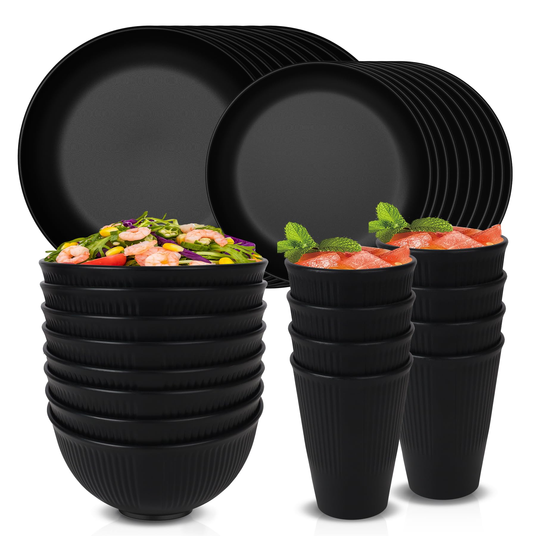 Unbreakable Dinnerware Sets for 8 Peple, Plastic Plates and Bowls Set Reusable Tableware Set, Microwave Dishwasher Safe, Camping Picnic Home Party Dinner Set 16pcs Plates, 8pcs Bowls, 8pcs Cups, Black