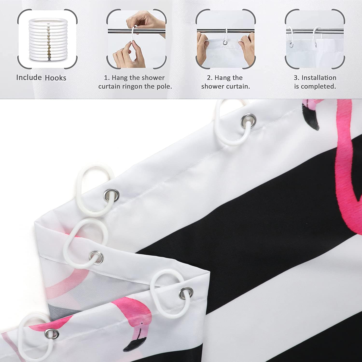 Flamingo Shower Curtain, Black White Stripe with Hot Pink Flamingos Bathroom Curtain Waterproof Fabric Machine Washable with 12 Hooks