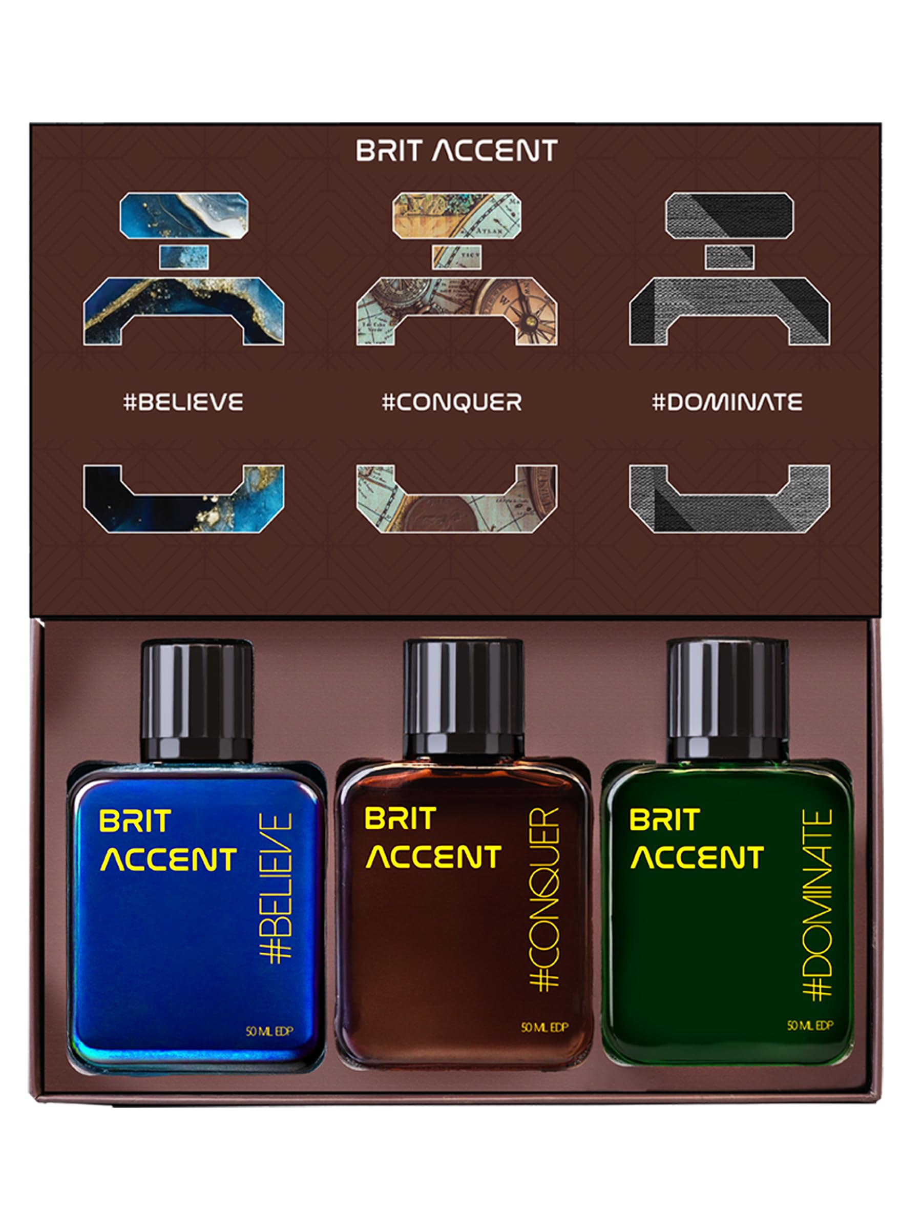 BRIT ACCENT Liquid || Grandeur Premium Collection Gift Set || Pack of 3 X 50 ML || Long-Lasting || #Believe #Conquer,#Dominate, 150ML || Fragrance Set - Parfum for Men ||