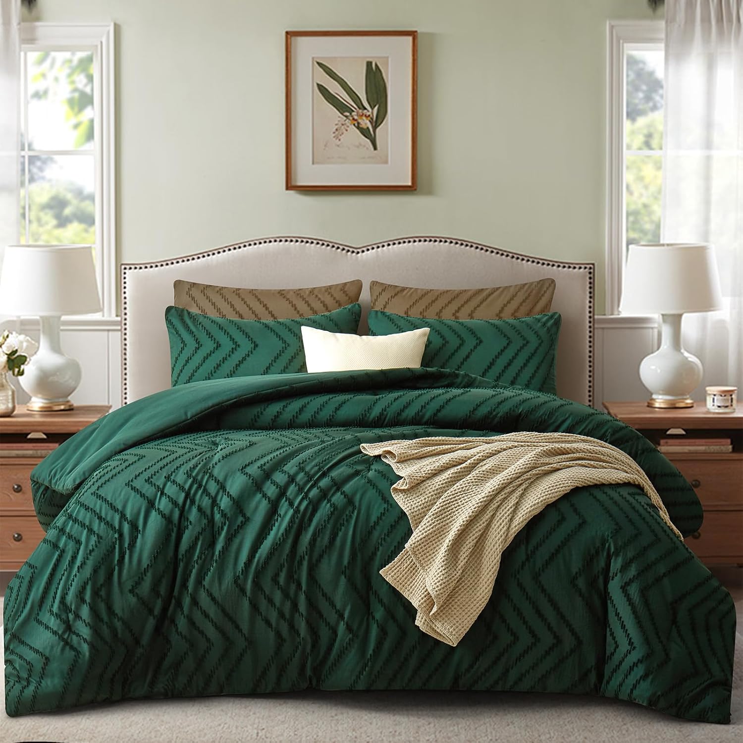 Tufted Boho King Size Comforter Set, Emerald Green Bohemian Farmhouse Bedding Set, 3 Pieces All Season Soft Microfiber Comforter & Pillow Cases for Women Girls Teens - Image 8
