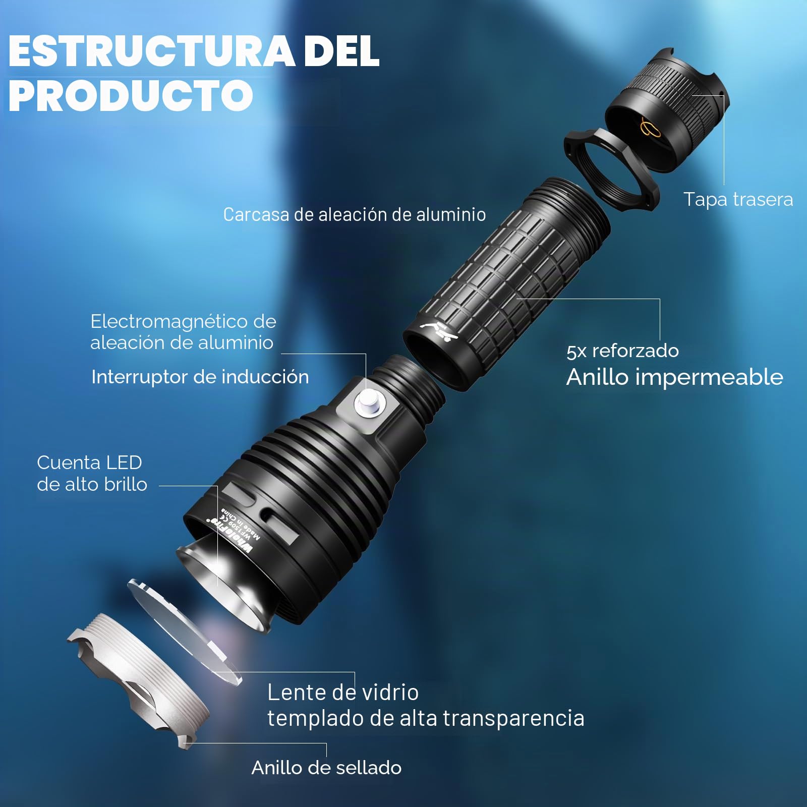 Linterna de buceo subacuática de 2000 lúmenes, linterna LED de buceo con 3 modos, luz LED de buceo nocturna IPX8 a prueba de agua, profesional para esnórquel