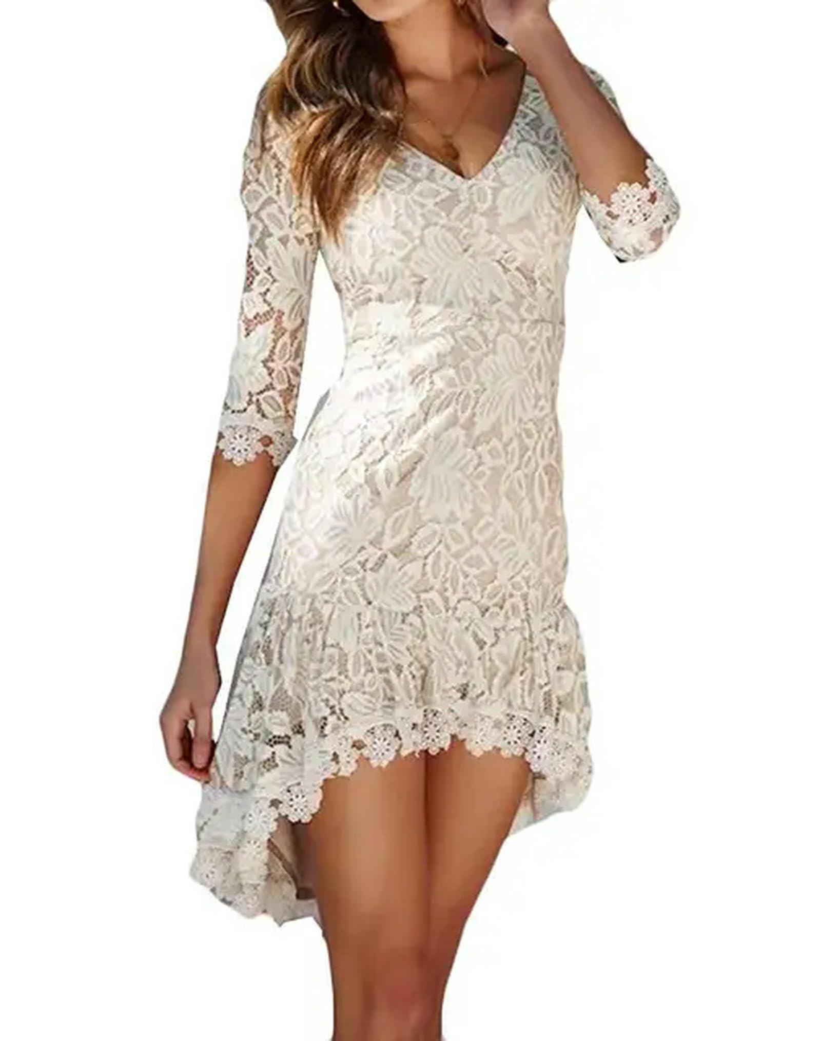 ARESU Nuovo Abito Estivo da Donna in Pizzo Floreale con Scollo a V e Mezza Manica Lunga, Abito da Sera-Cachi-S