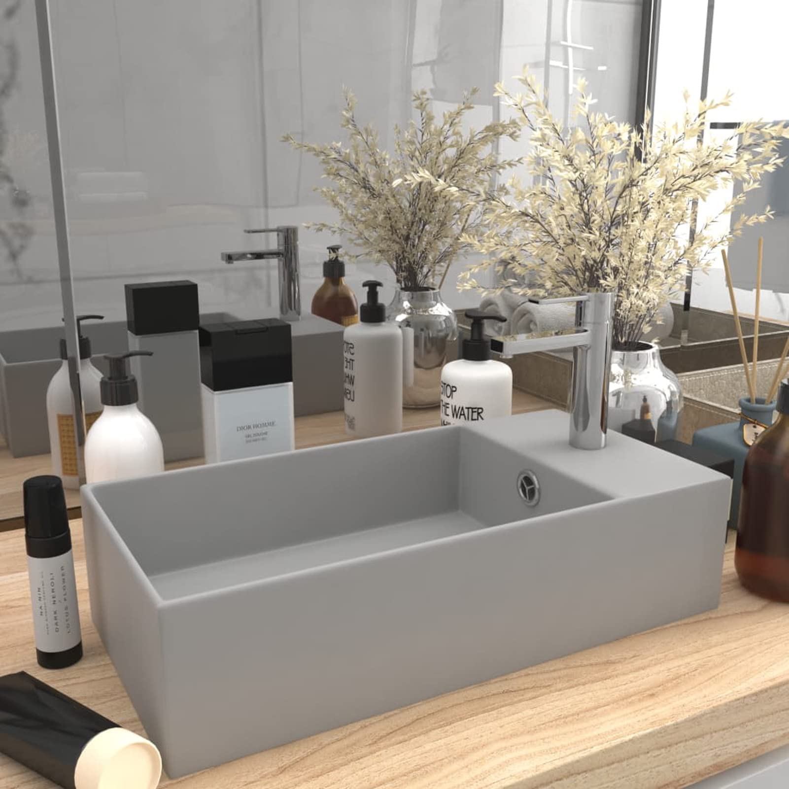 ZEYUAN Lavabo con rebosadero cerámica Gris Claro, Fregadero, Lavabo Baño, Lavamanos Baño, Lavatorio Casa De Banho, Mueble Lavabo sobre Encimera