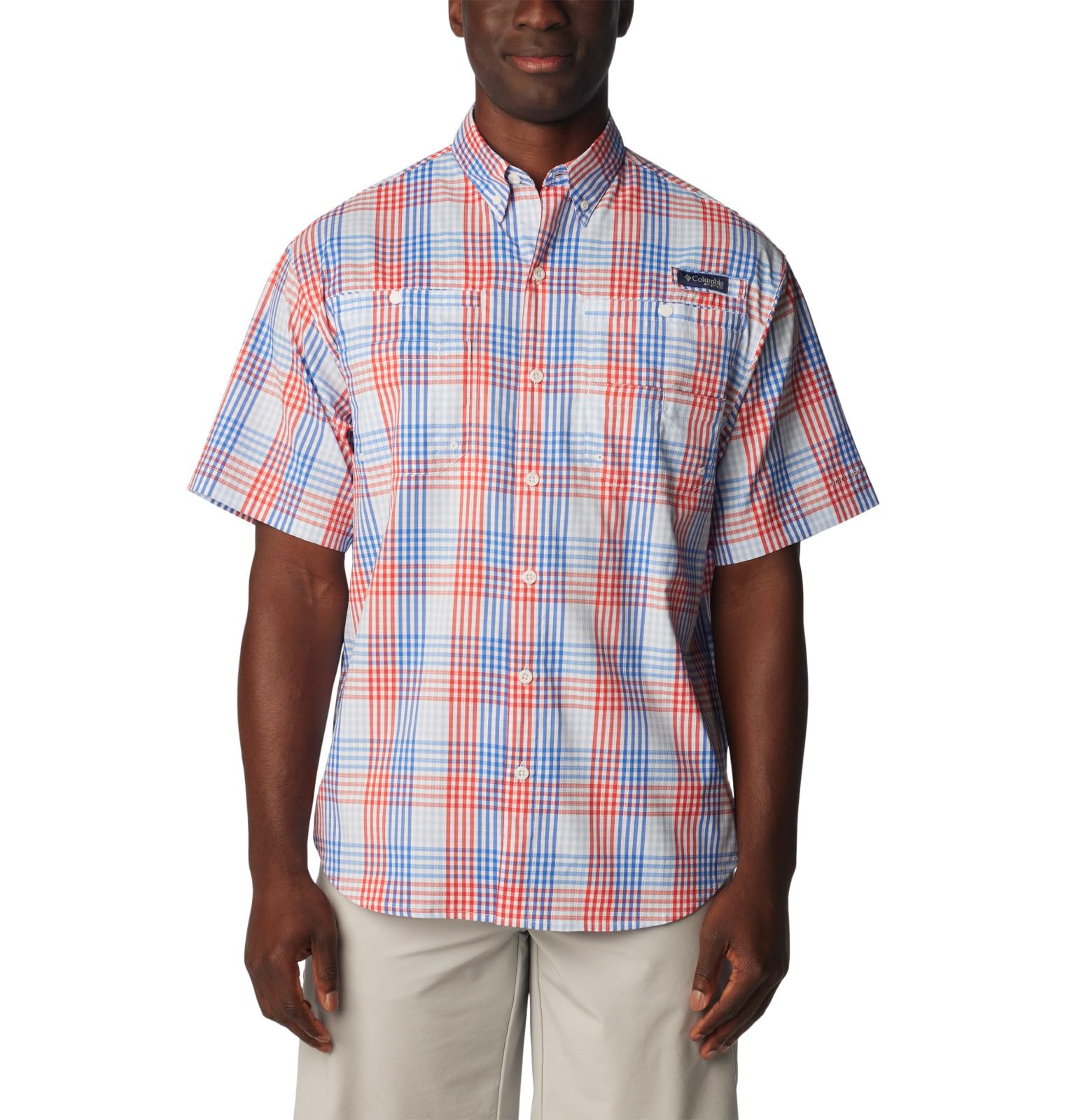 Columbia Camicia a Maniche Corte Super Tamiami Maglietta da Escursionismo, Blu vivido, a Quadretti, S Uomo