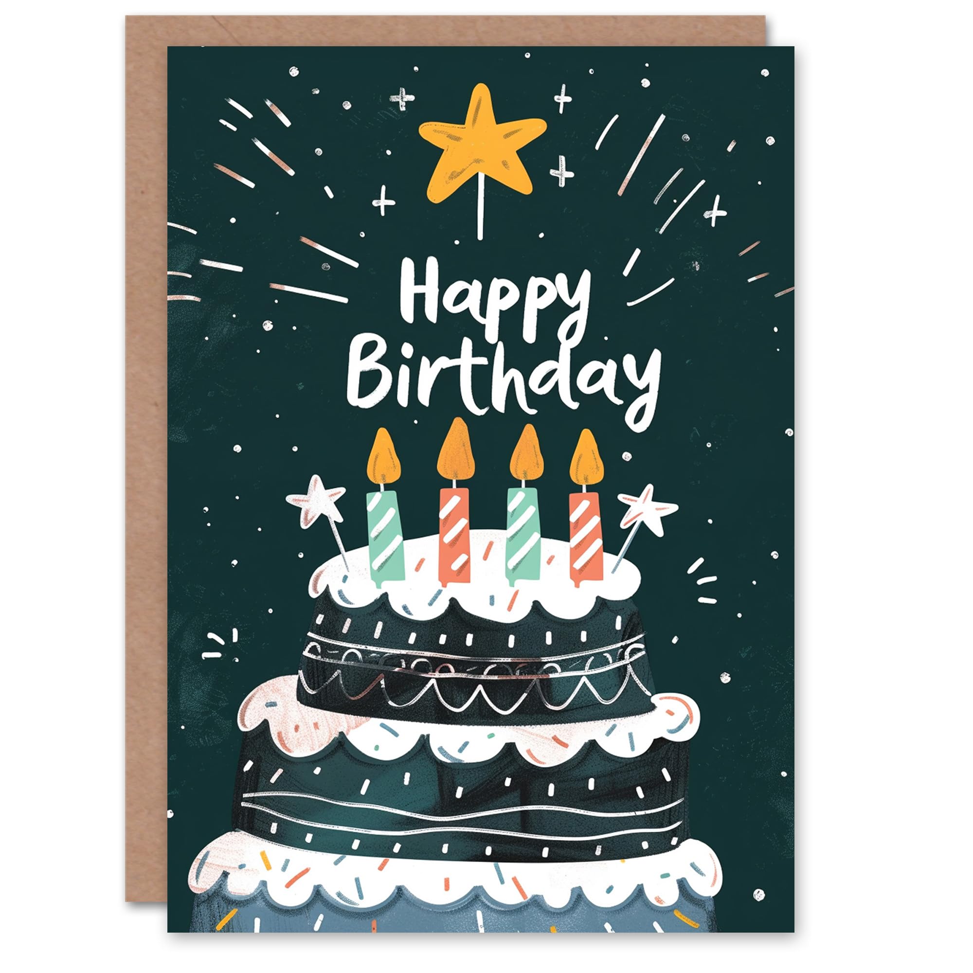 Artery8 Birthday Card Birthday Cake Candles Sparkling Stars Fun For Him Her Man Woman Girl Boy Wife Husband Greeting Card