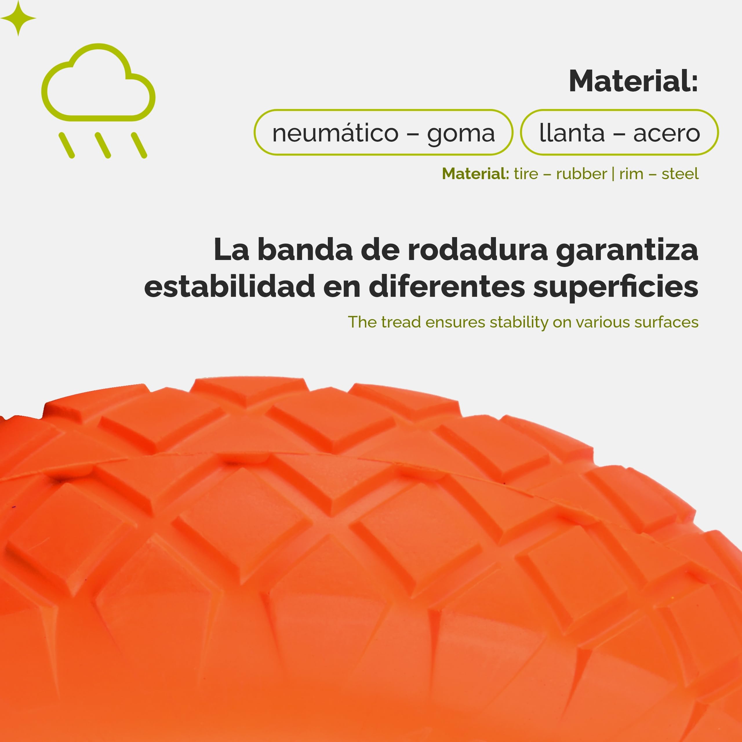 Garronda 2X Ruedas PU Antipinchazos 4.00-8 Eje 12 mm Naranja GD-0165 | Ruedas macizas PU con llanta de acero y doble rodamiento, carga hasta 100 kg; para carretillas de jardín, obra y transporte
