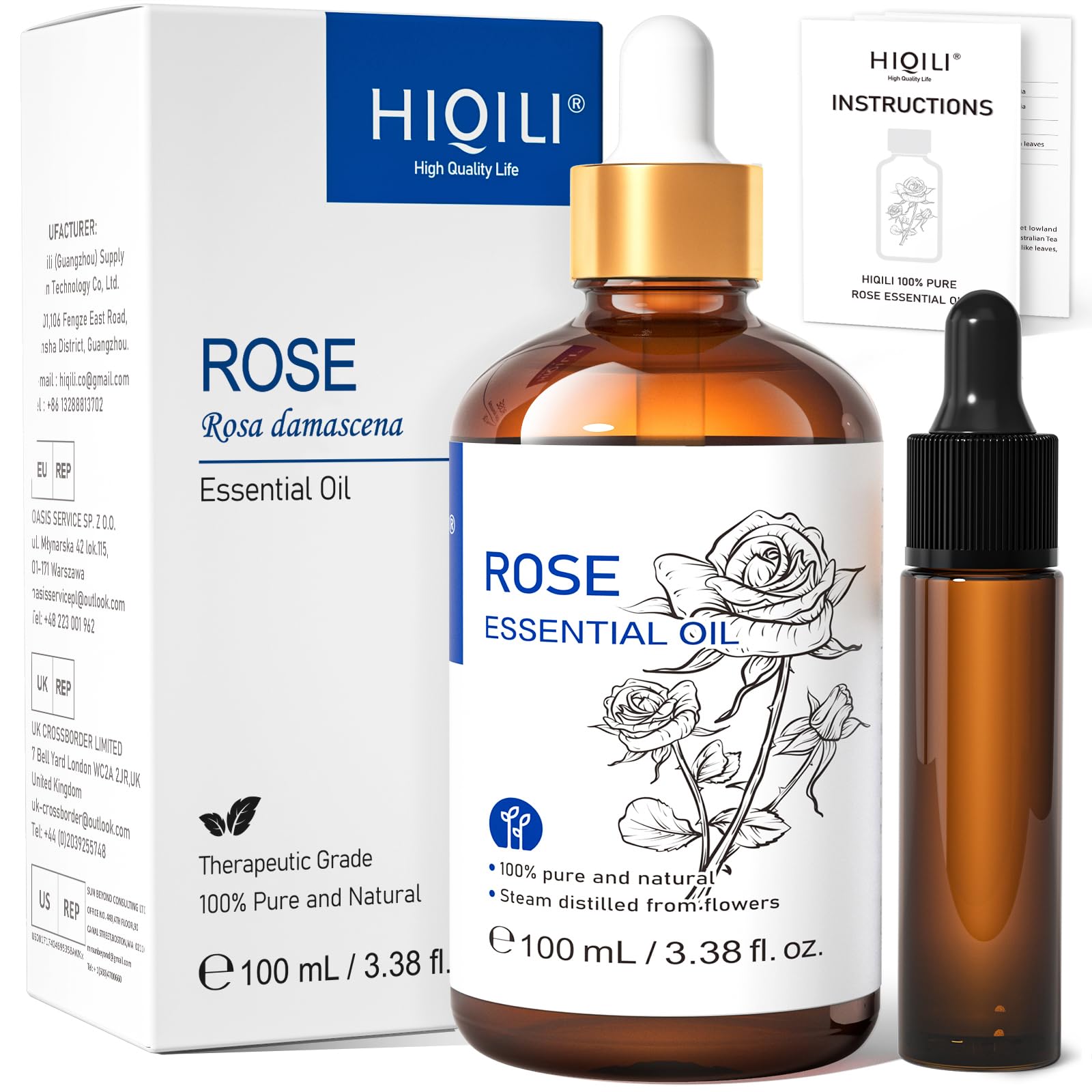 Rose Oil Essential Oil, Premium Grade Rose Fragrance Oil for Diffuser, Candle Making, Soap Making, Large Bottle with Dropper & Gift Box - 3.38 Oz
