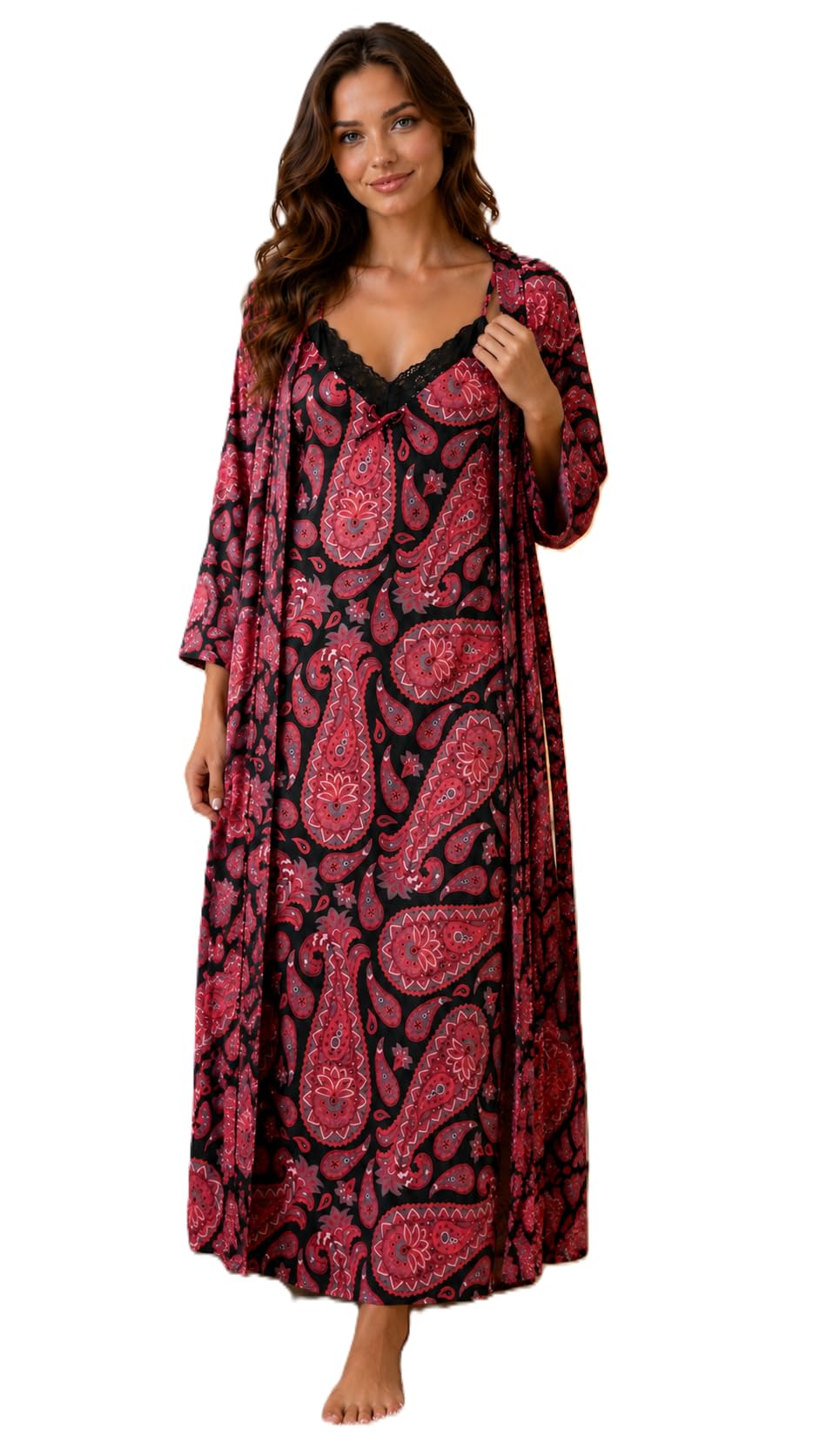 Women’s Satin 2 Piece Nighty & Robe Set | Soft Silky Long Nightgown with Matching Robe | Elegant Sleepwear Loungewear for Bridal Honeymoon Nightwear-image-13
