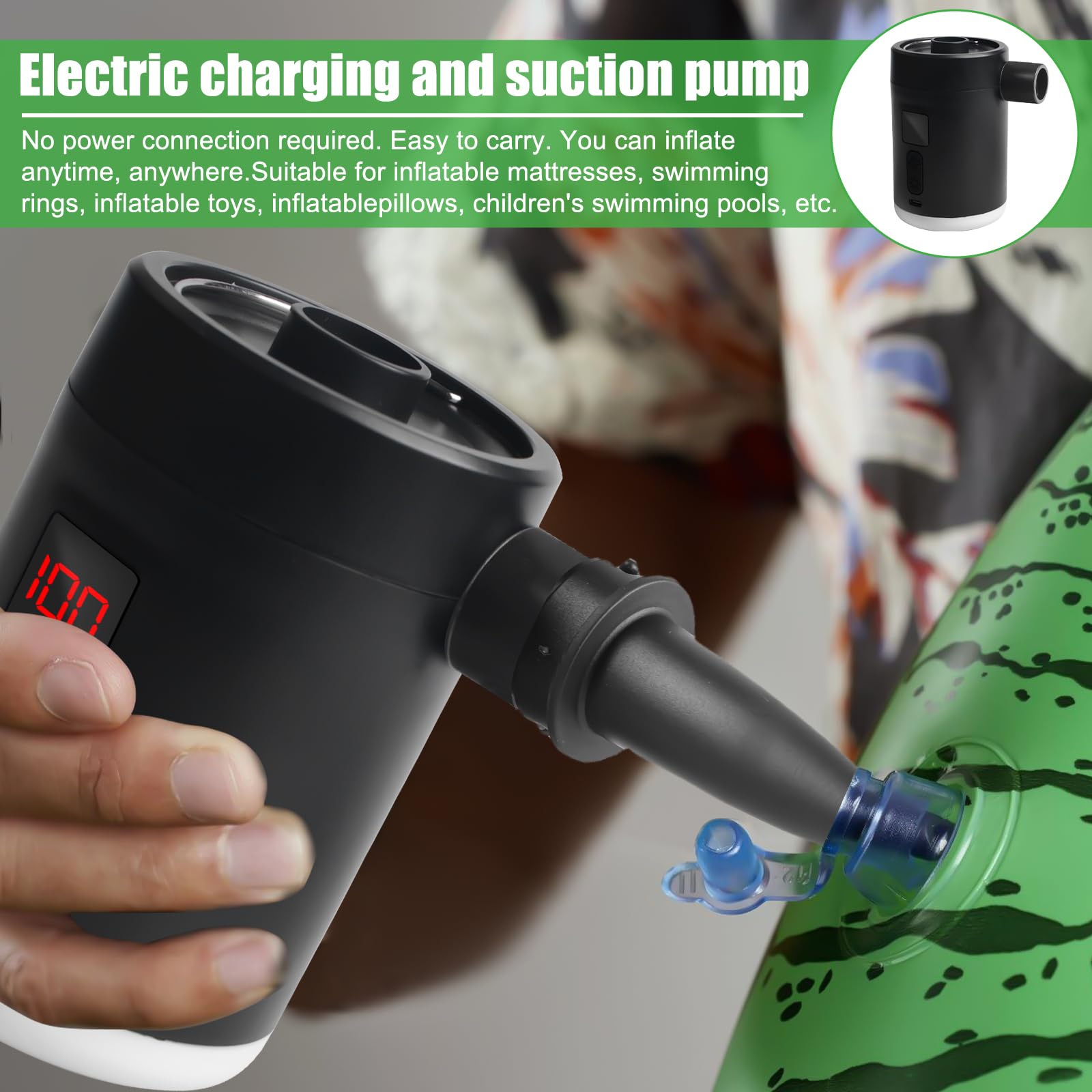 Pompa ad aria elettrica, 4000 mAh, mini pompa con 3 ugelli per materasso ad aria, per gonfiare e aspirare, 4 kPa, pompa da campeggio ricaricabile, gonfiatore rapido per barca gonfiabile, anello