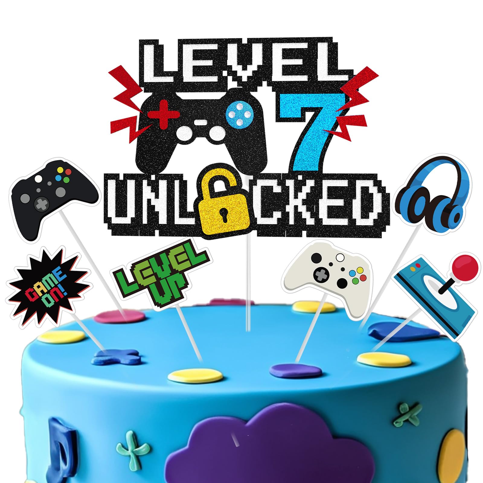 Video Game Cake Topper, Level 7 Unlocked Cake Toppers, Happy 7th Birthday Game Party Decorations for Boys Girls, Video Game Controller Themed Birthday