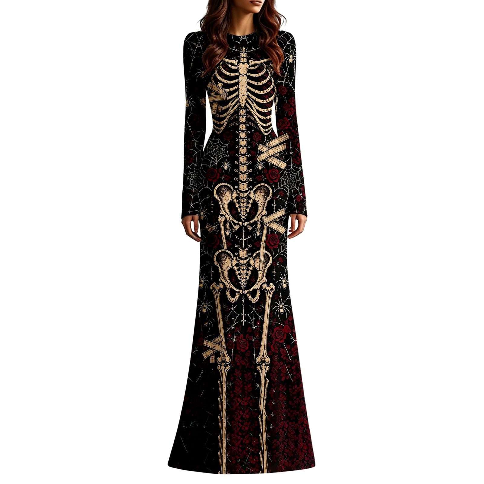 Women's Skeleton Print Mermaid Maxi Dress Long Sleeve Halloween Dresses for Women 3D Digital Print Floral Gothic Fancy Dress Costume