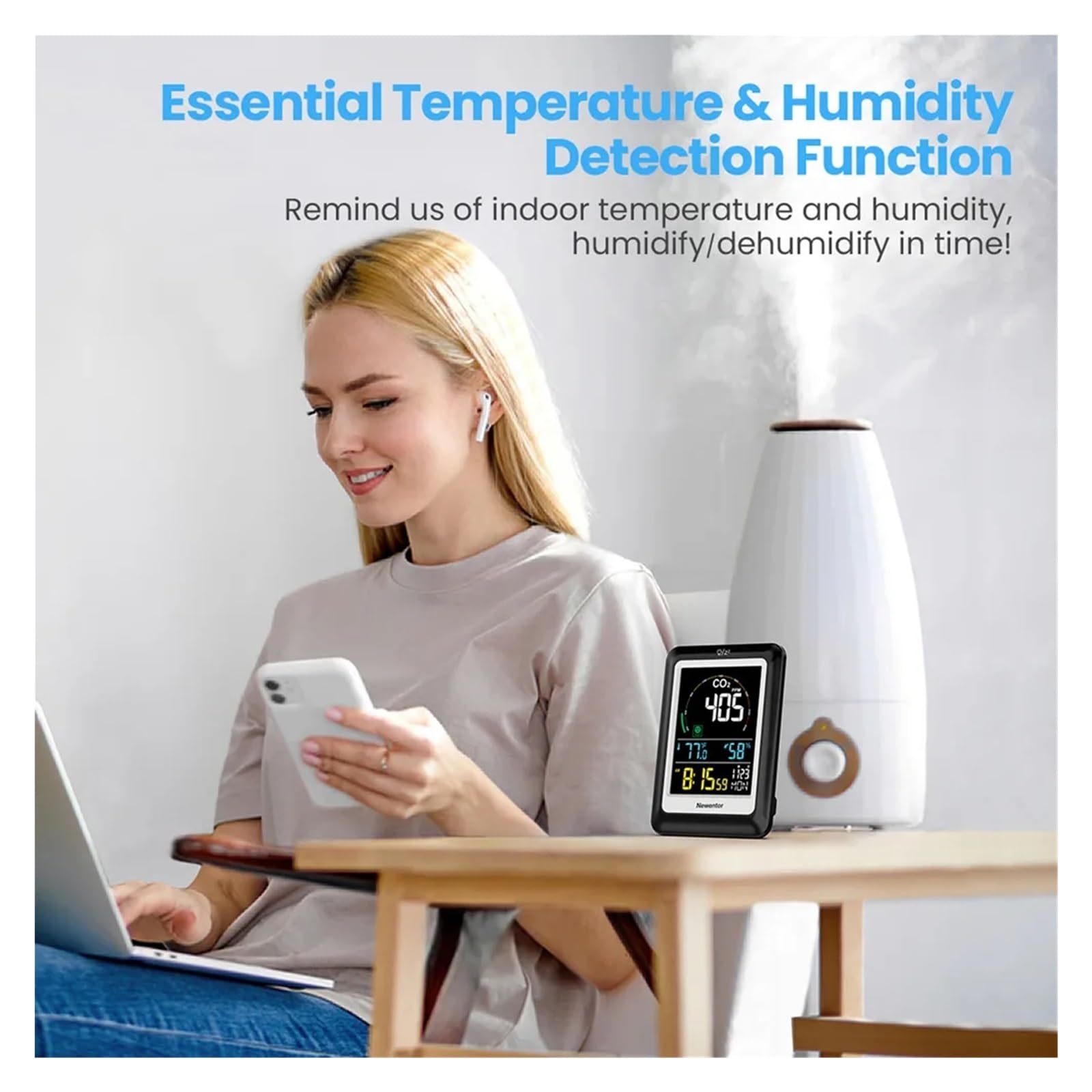 monitor co2, 5 w 1 Monitor jakości powietrza Miernik CO2 dwutlenku węgla czasie rzeczywistym Cyfrowy czujnik temperatury i wilgotności do domu, biura, samochodu(C1 White)