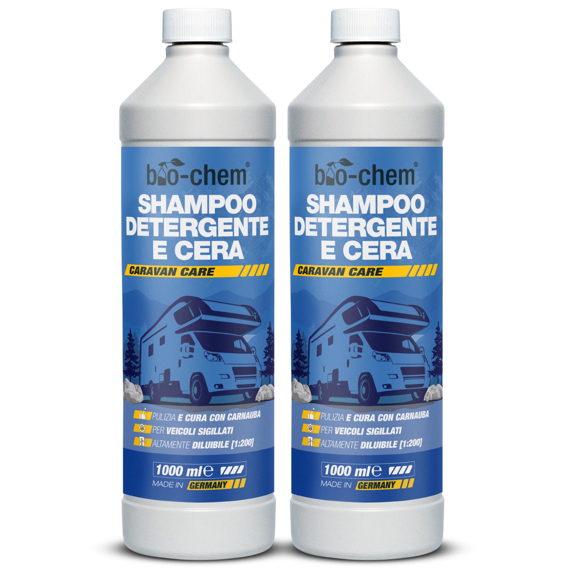 Bio-Chem - Shampoo e cera per veicoli 2L - Detergente rinnovatore per plastica per esterni di autovetture - Adatto per la pulizia della carrozzeria esterna di caravan e camper