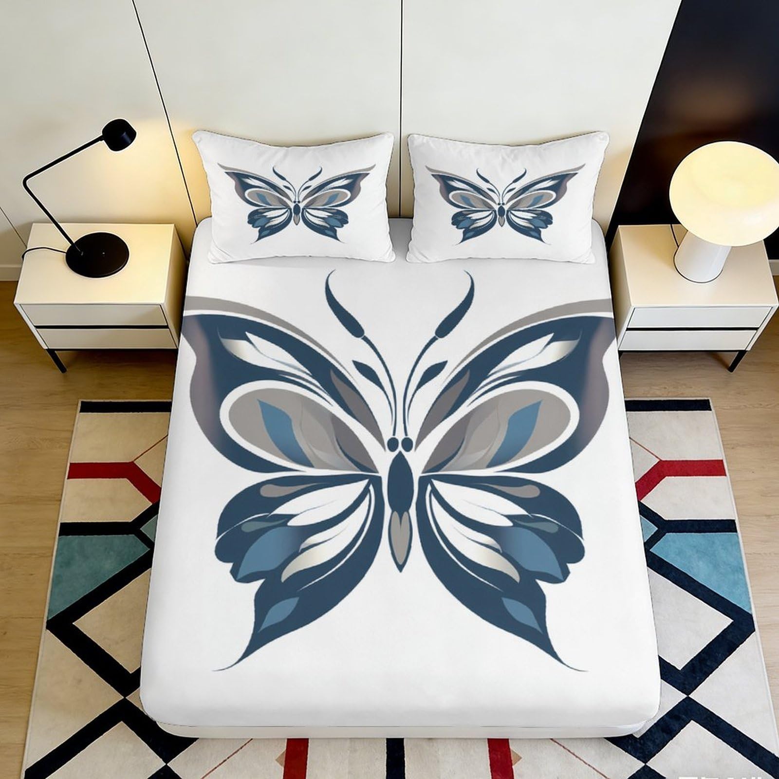 3D Printed Butterfly Pattern Microfiber Fitted Sheet Deep Pocket Elastic Hem Bedding Butterfly Mattress Fitted Cover Non-Slip Washable for Adults Teens 200x200x25cm