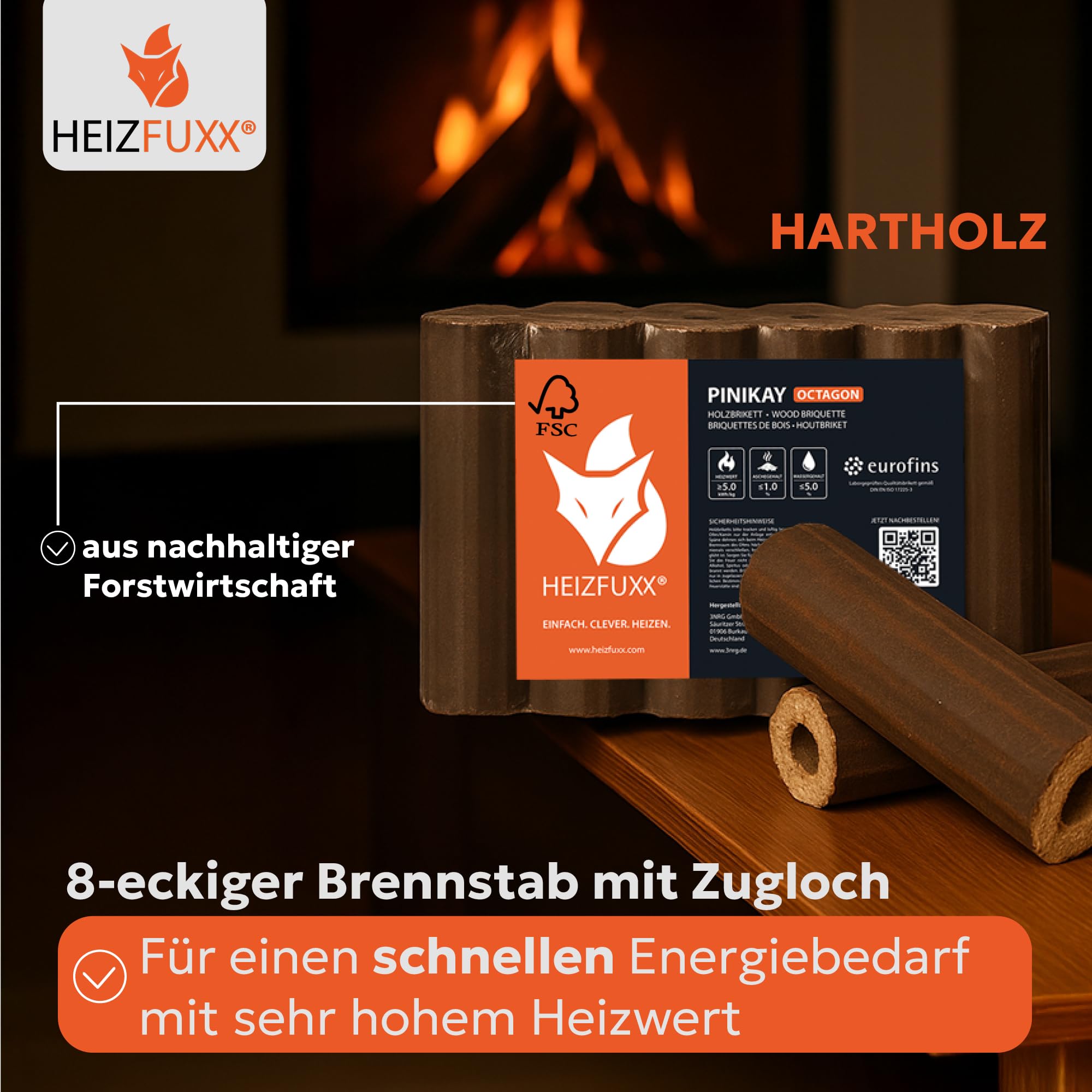 HEIZFUXX Holzbriketts PiniKay Octagon - Hartholzbriketts Palette 960 kg (96x10 kg) - Briketts mit Zugloch für Kamin, Heizkessel & Ofen - Schnell entzündbar, hoher Heizwert & geringer Aschegehalt