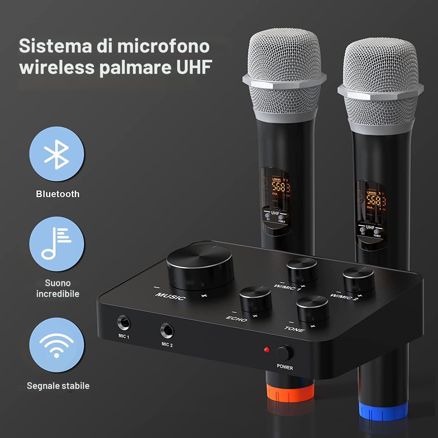 Rybozen Karaoke Micro Wireless, Sistemi di Microfono Senza Fili UHF Doppio Portatile per Karaoke, TV, PC, Festa, DJ, Altoparlante, Riunione, Chiesa, Matrimonio, Supporto Ingresso/Uscita HDMI AUX