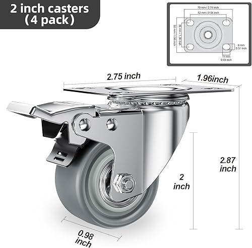 Miniatura 15 de Ruedas giratorias de 5 pulgadas, juego de 4 ruedas resistentes – CLOATFET Ruedas giratorias de bloqueo con freno (placa superior), ruedas giratorias