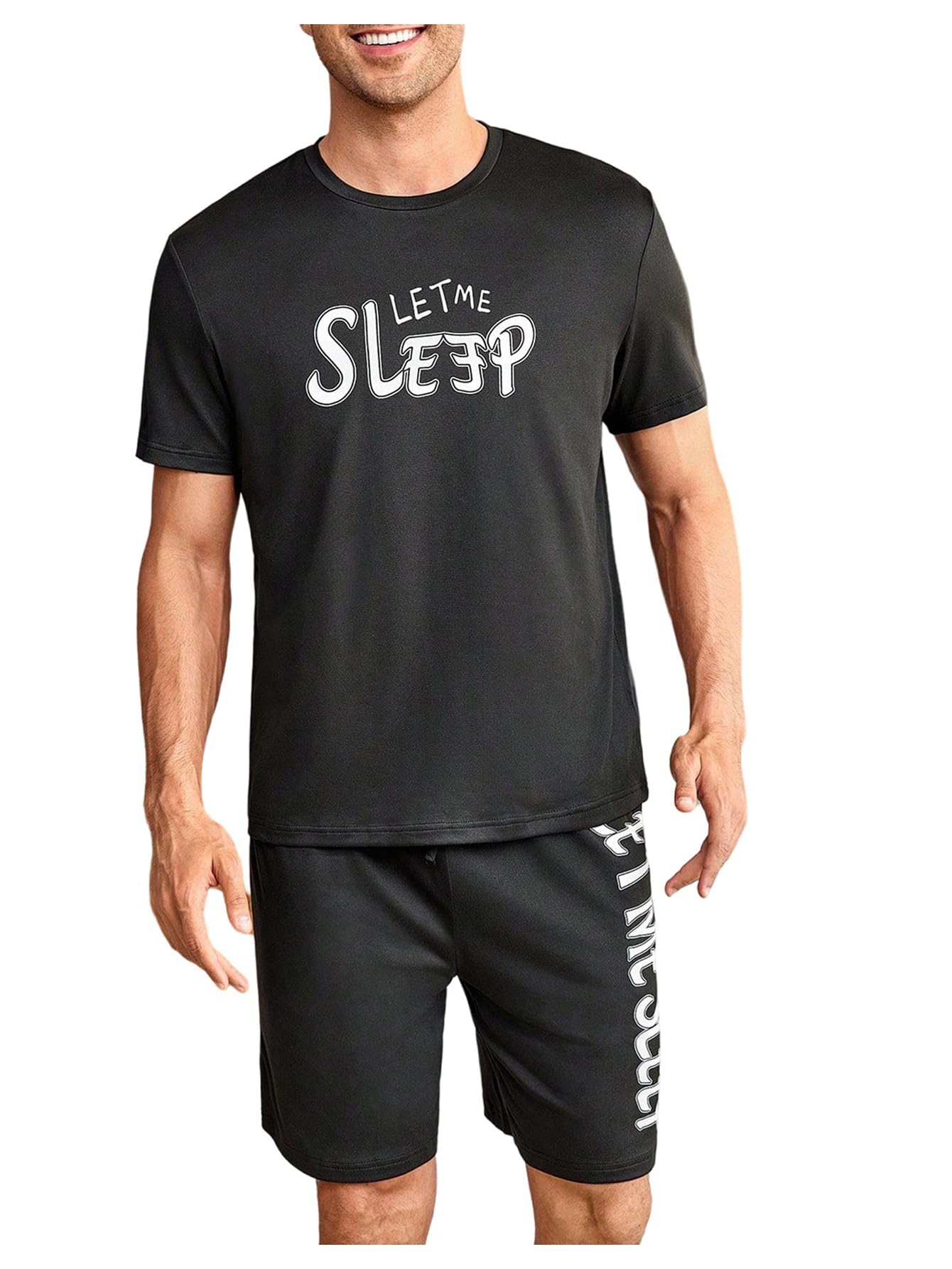 Verdusa Men's Pajamas Set 2 Piece Pjs Sets Short Sleeve Letter Print Tee and Short Lounge Set