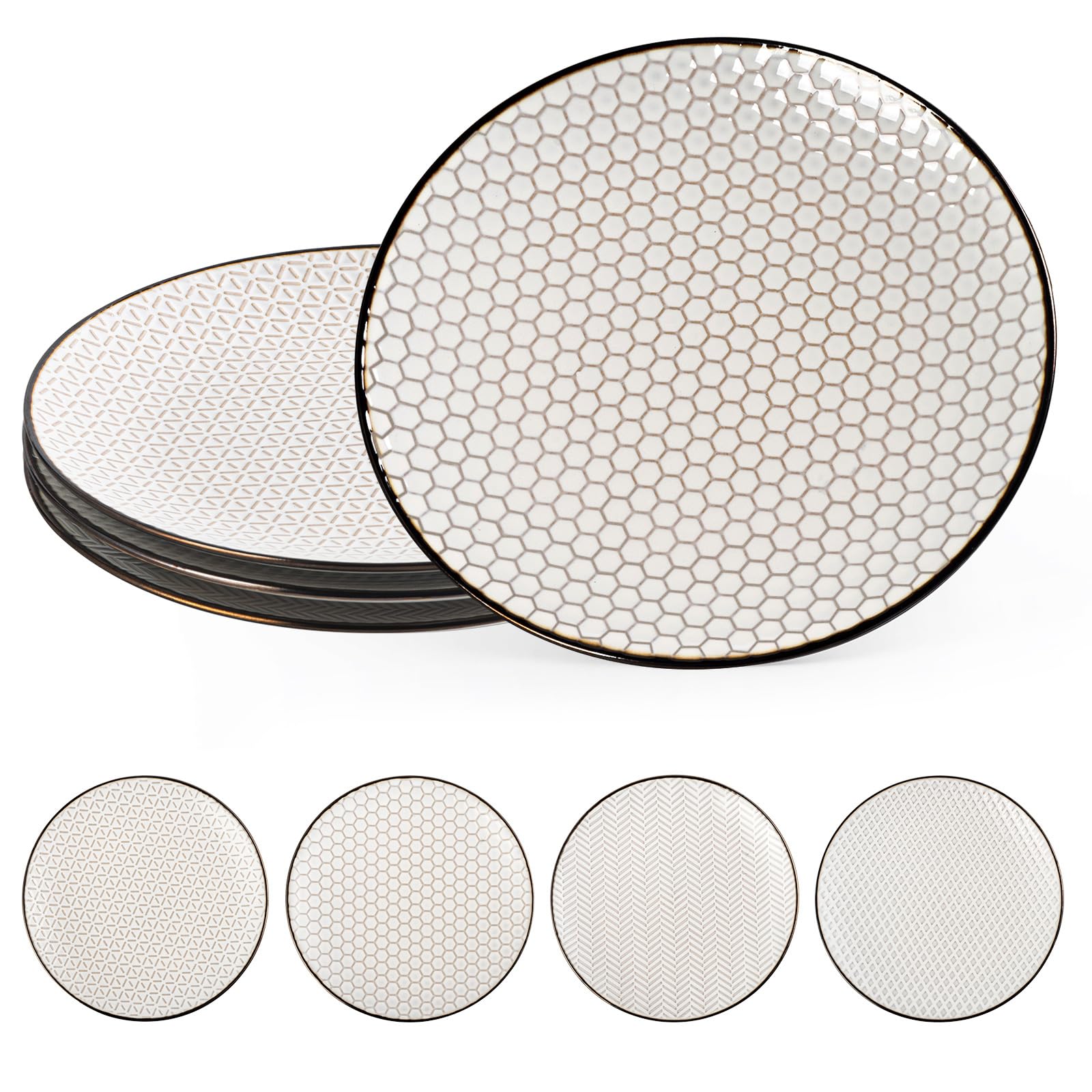 Set di 4 piatti da portata in ceramica, piatti da portata in gres goffrato da 10,5 pollici per la cucina, resistenti ai graffi, adatti al forno, al microonde e alla lavastoviglie, bianchi