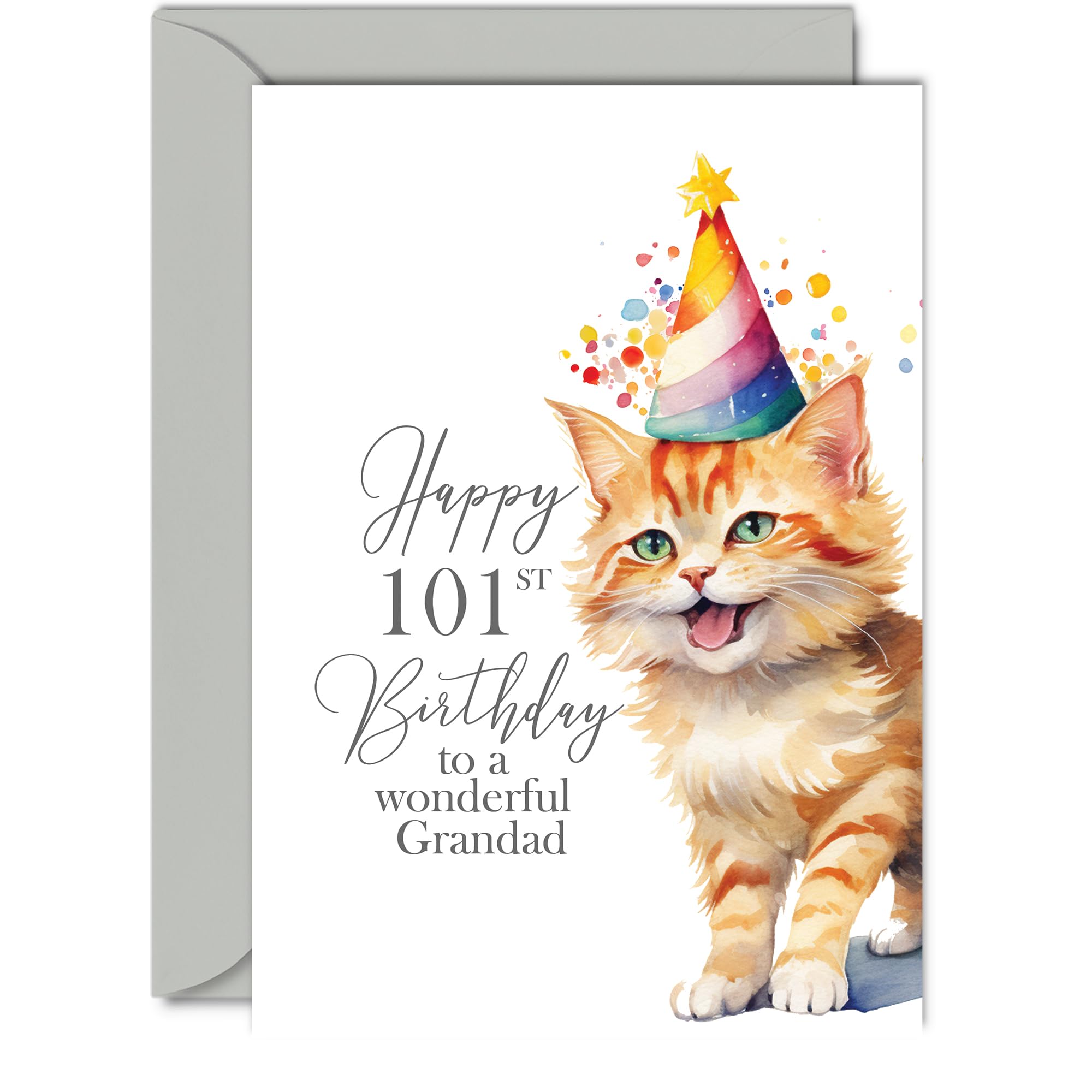 101st Birthday Cards for Grandad - Party Cat Kitten - Happy Birthday Card for 101 Year Old Grandad from Granddaughter Grandson, A5 Bday Man Men Him Greeting Cards Gift for Grandad Birthday Gifts