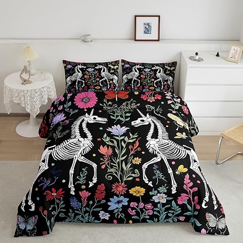 Miniatura 3 de Erosebridal Juego de edredón de polilla de la muerte, juego de ropa de cama tamaño Queen, diseño de calavera gótica, flores botánicas, juego de